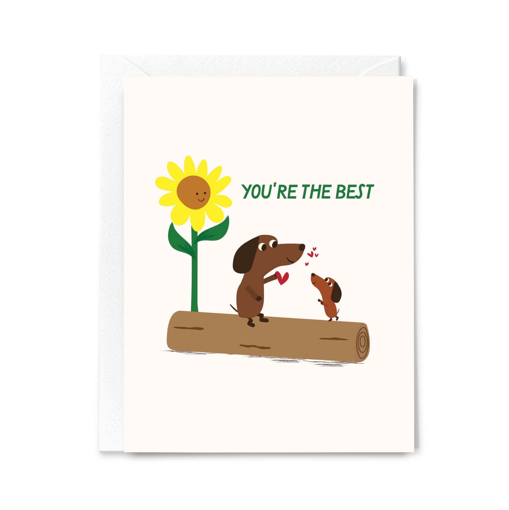Greeting card with cartoon dogs and sunflower illustration on a white background