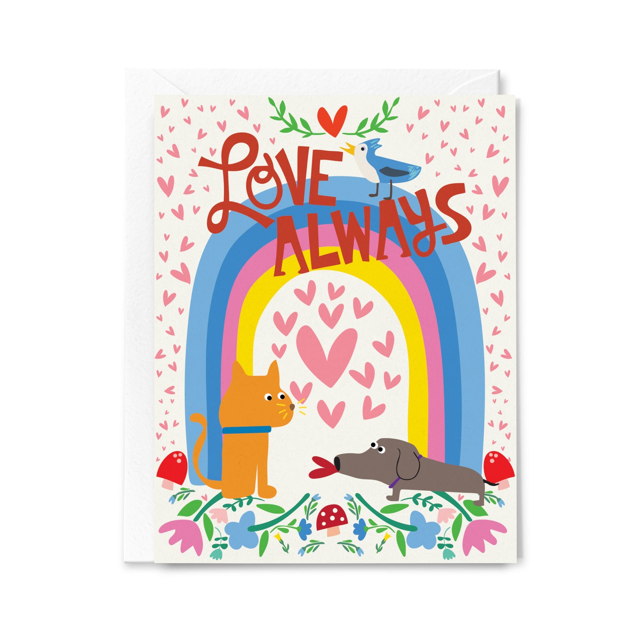 Greeting card with cartoon animals and rainbow design on a white background