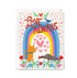 Greeting card with cartoon animals and rainbow design on a white background