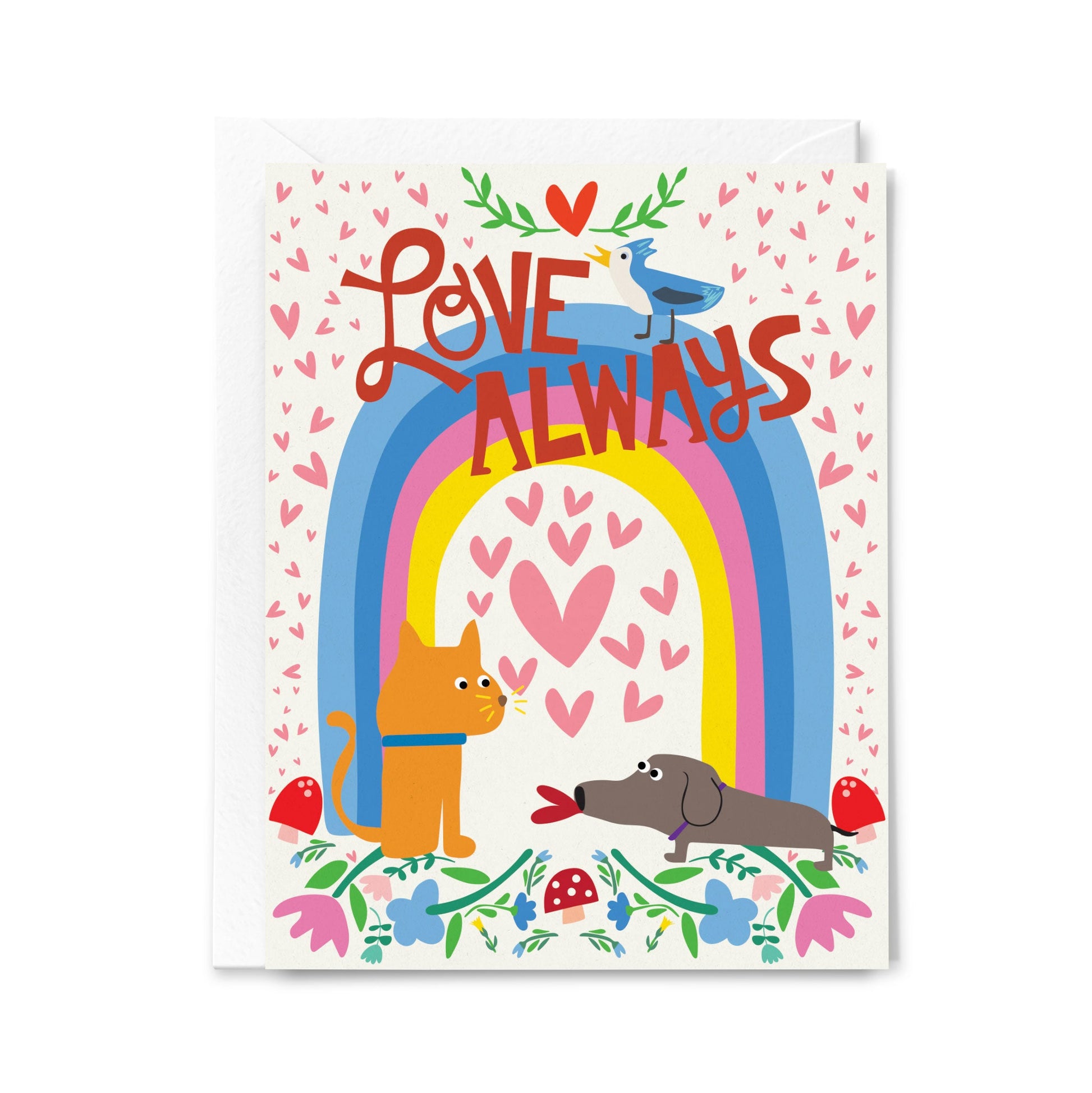 Greeting card with cartoon animals and rainbow design on a white background