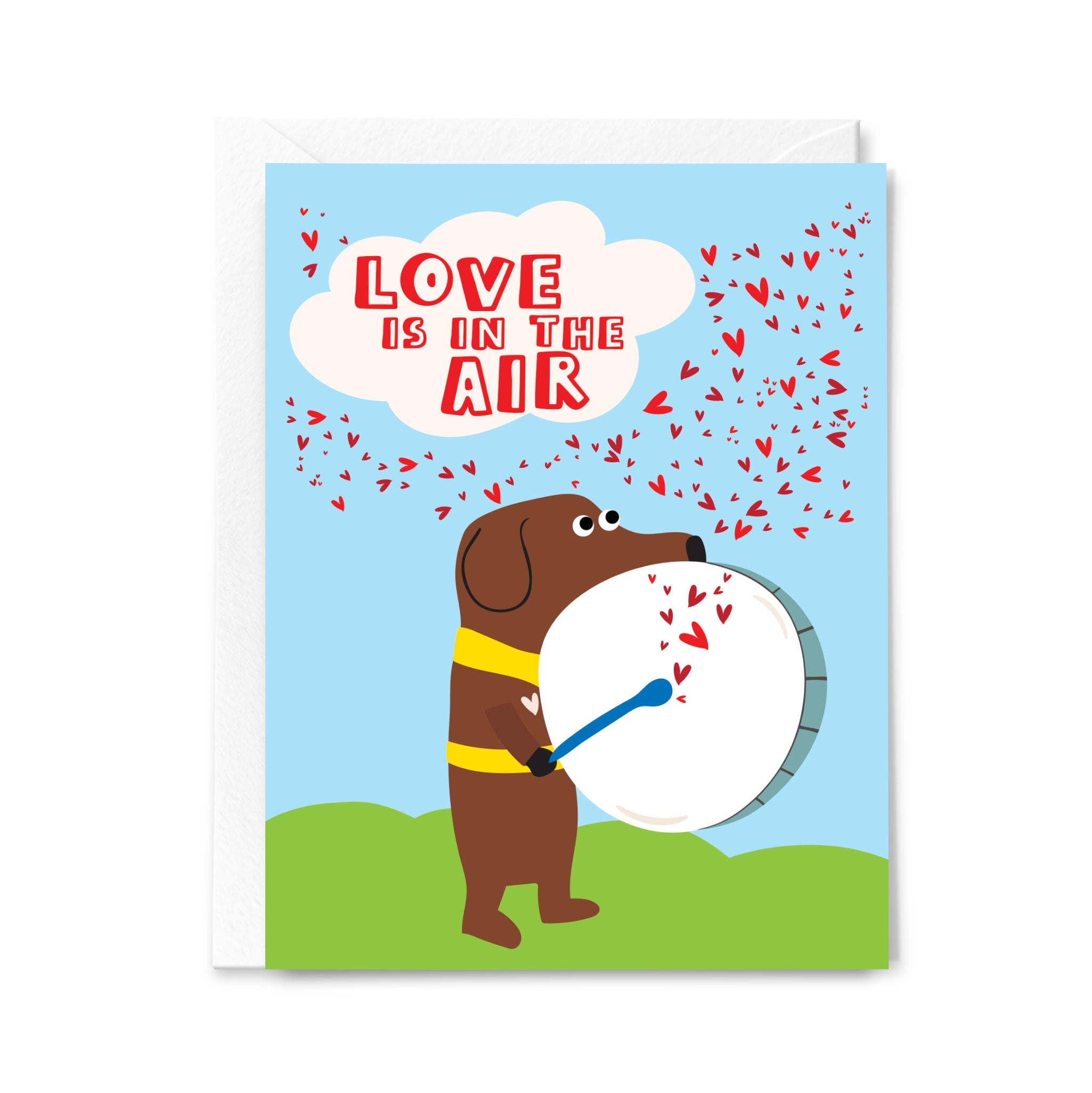 Card with a cartoon dog and 'Love is in the Air' text on a blue background.