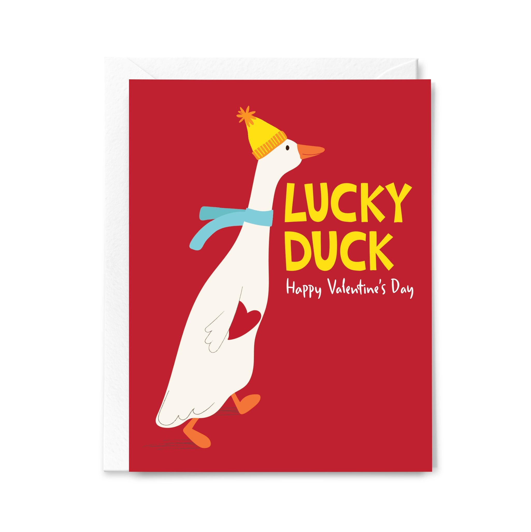Valentine's Day card with a cartoon goose wearing a yellow hat and blue scarf on a red background.