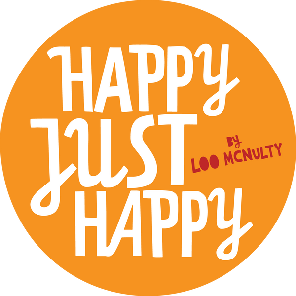 Circular logo with 'Happy Just Happy' text on an orange background