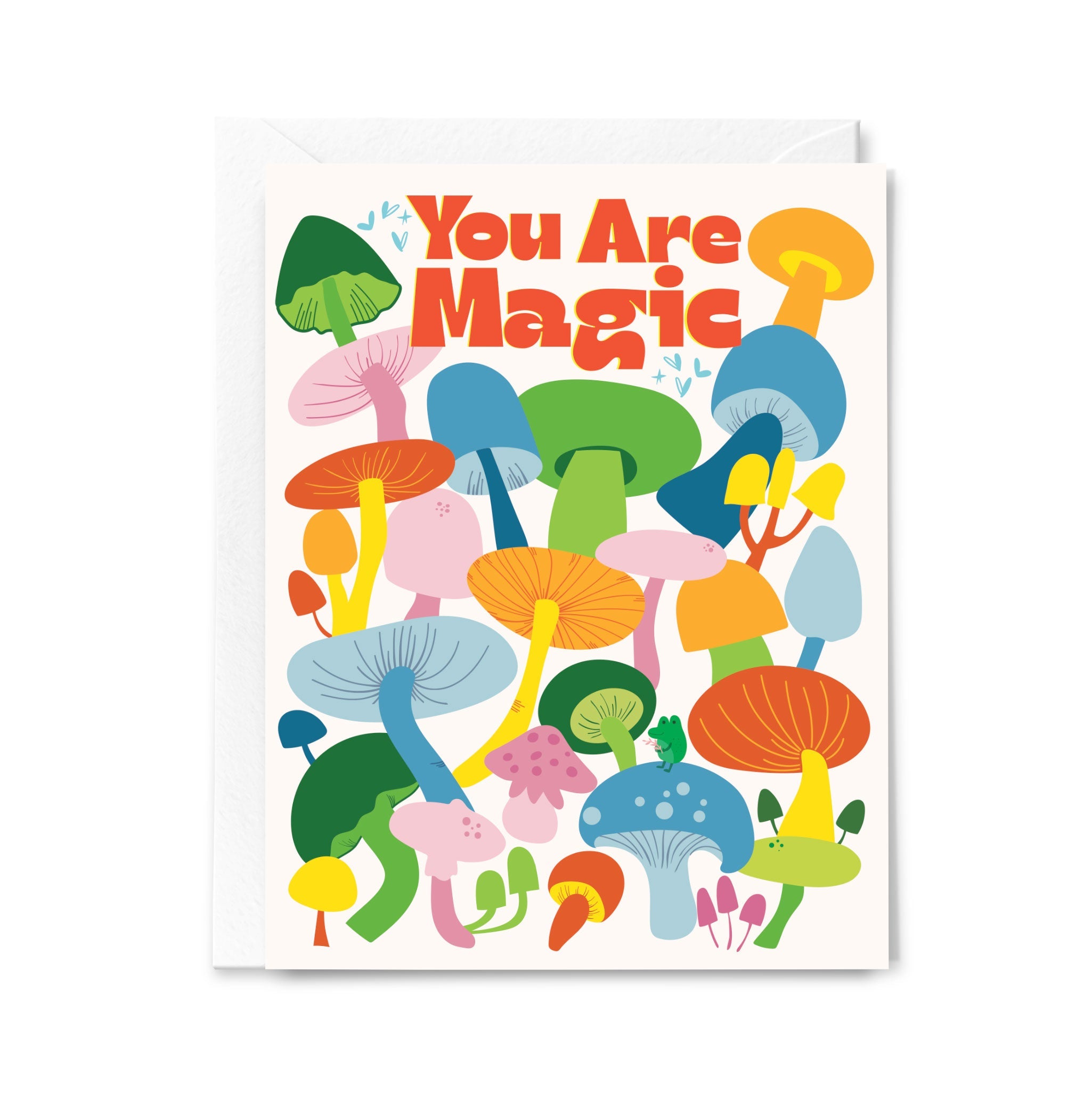 Card with colorful mushrooms and 'You Are Magic' text on a white background