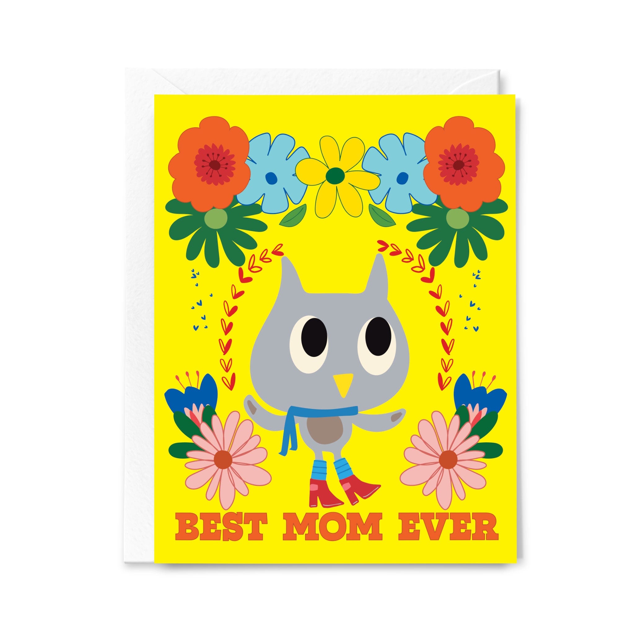 Greeting card with owl illustration and floral design on a yellow background