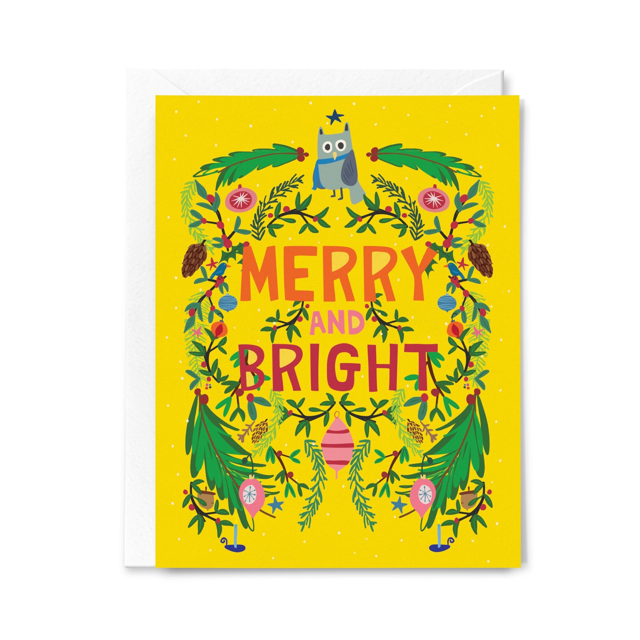 Greeting card with 'Merry and Bright' text and owl design on a yellow background