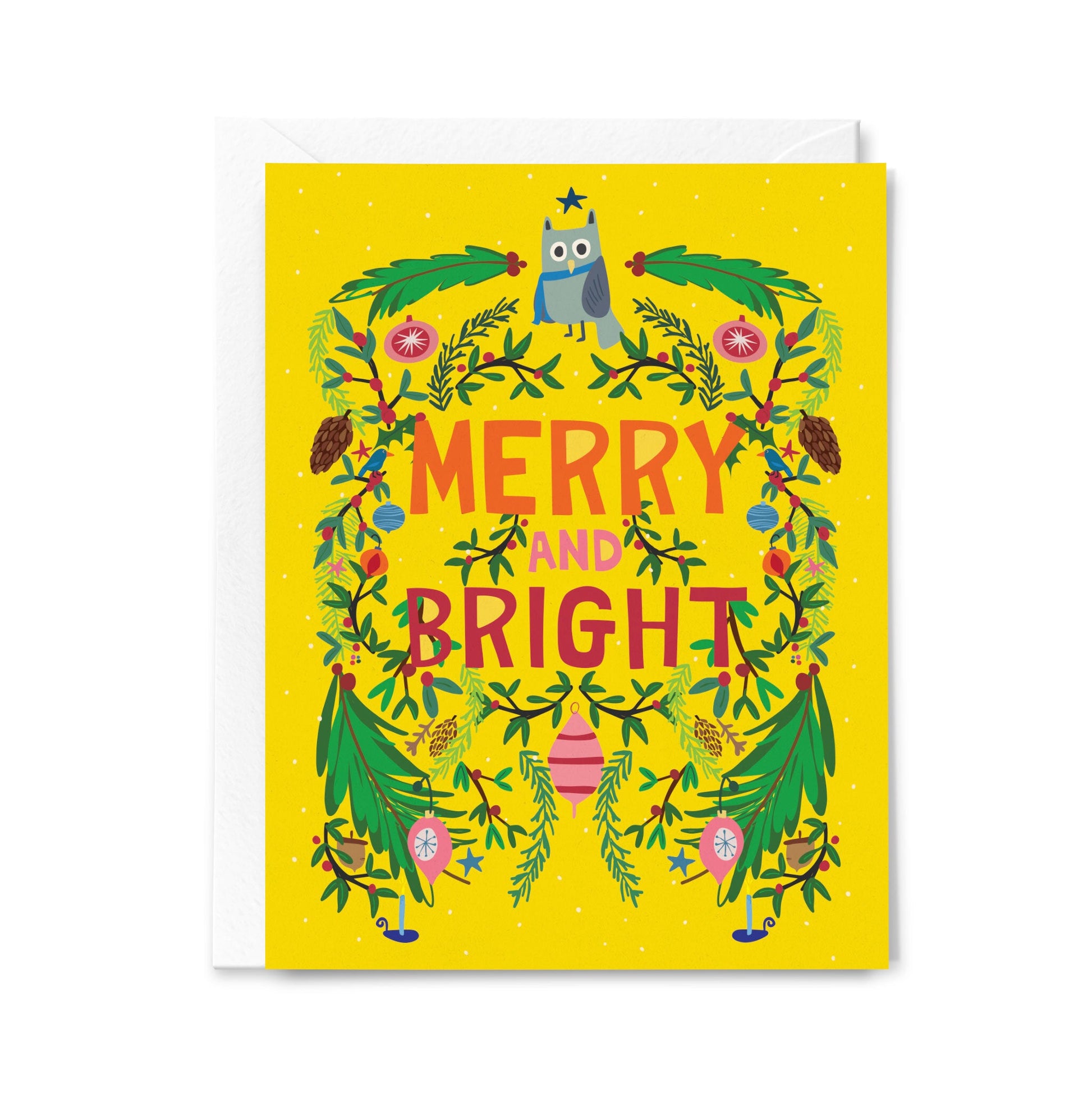 Greeting card with 'Merry and Bright' text and owl design on a yellow background