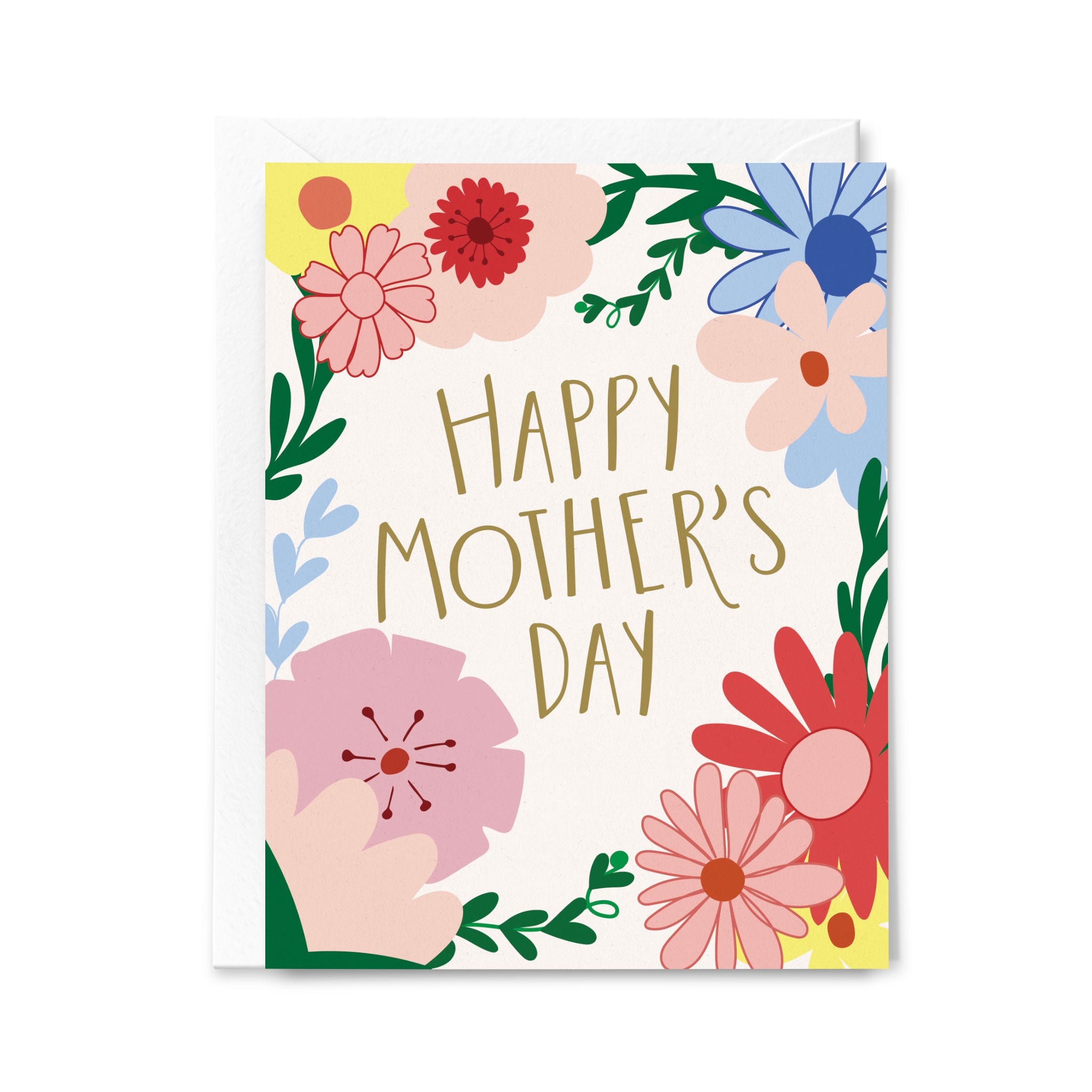 Greeting card with colorful flowers and 'Happy Mother's Day' text on a white background