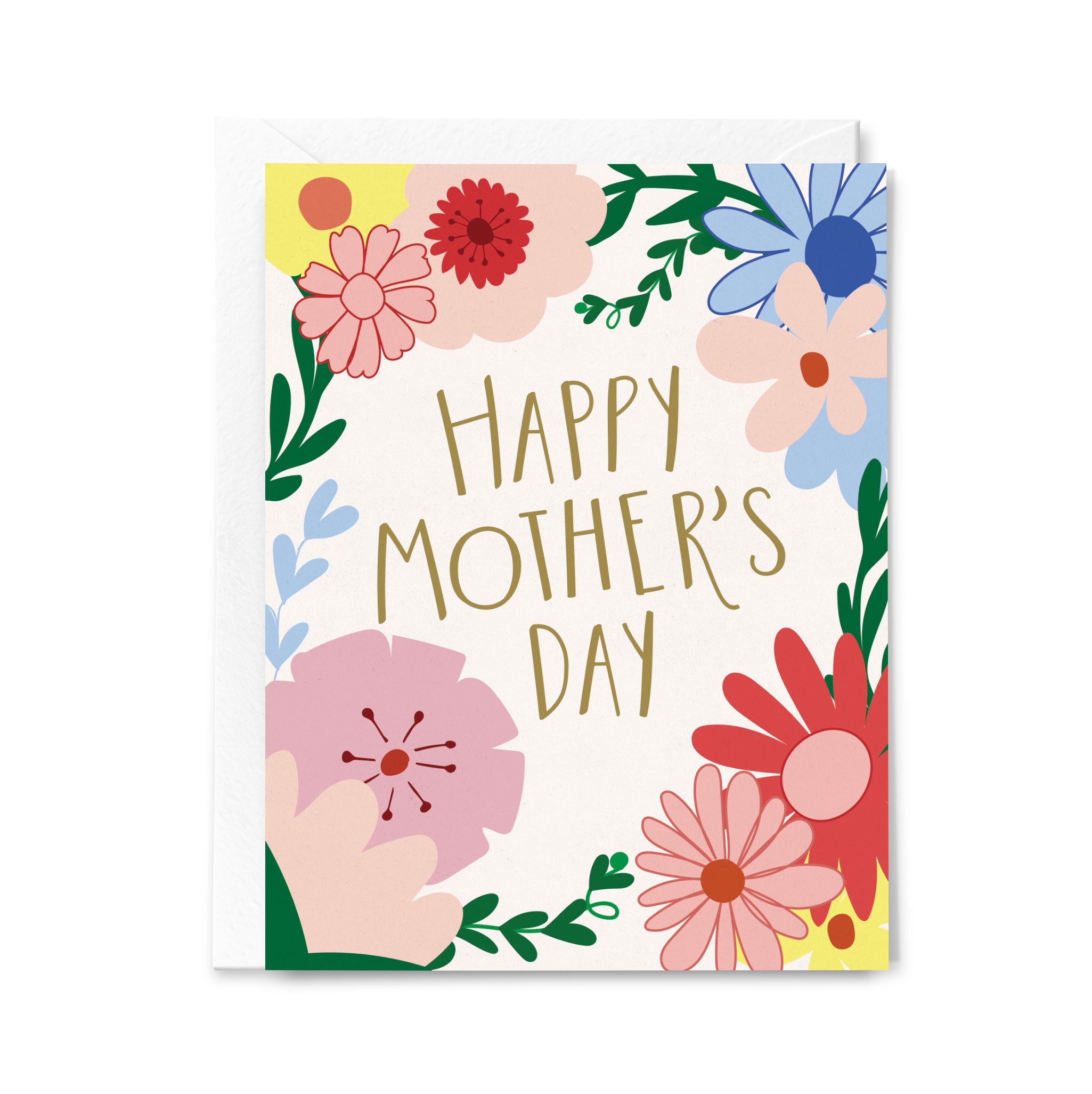 Greeting card with colorful flowers and 'Happy Mother's Day' text on a white background
