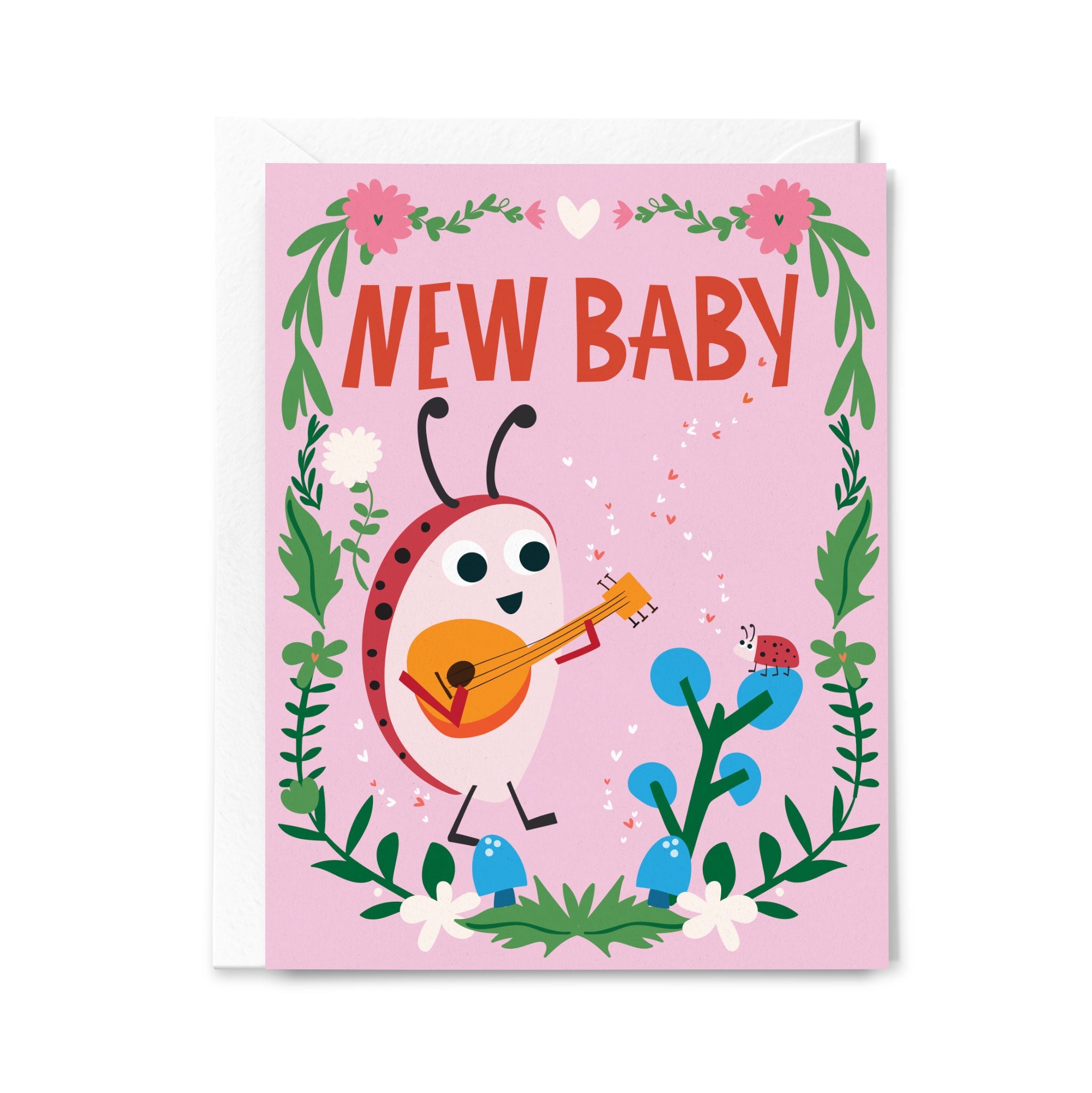 Greeting card with a ladybug playing a guitar and the text 'New Baby' on a pink background.