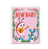 Greeting card with a ladybug playing a guitar and the text 'New Baby' on a pink background.