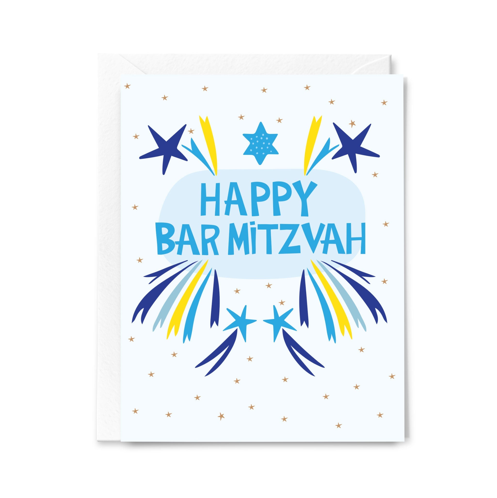 Greeting card with 'Happy Bar Mitzvah' text and blue and yellow stars on a white background