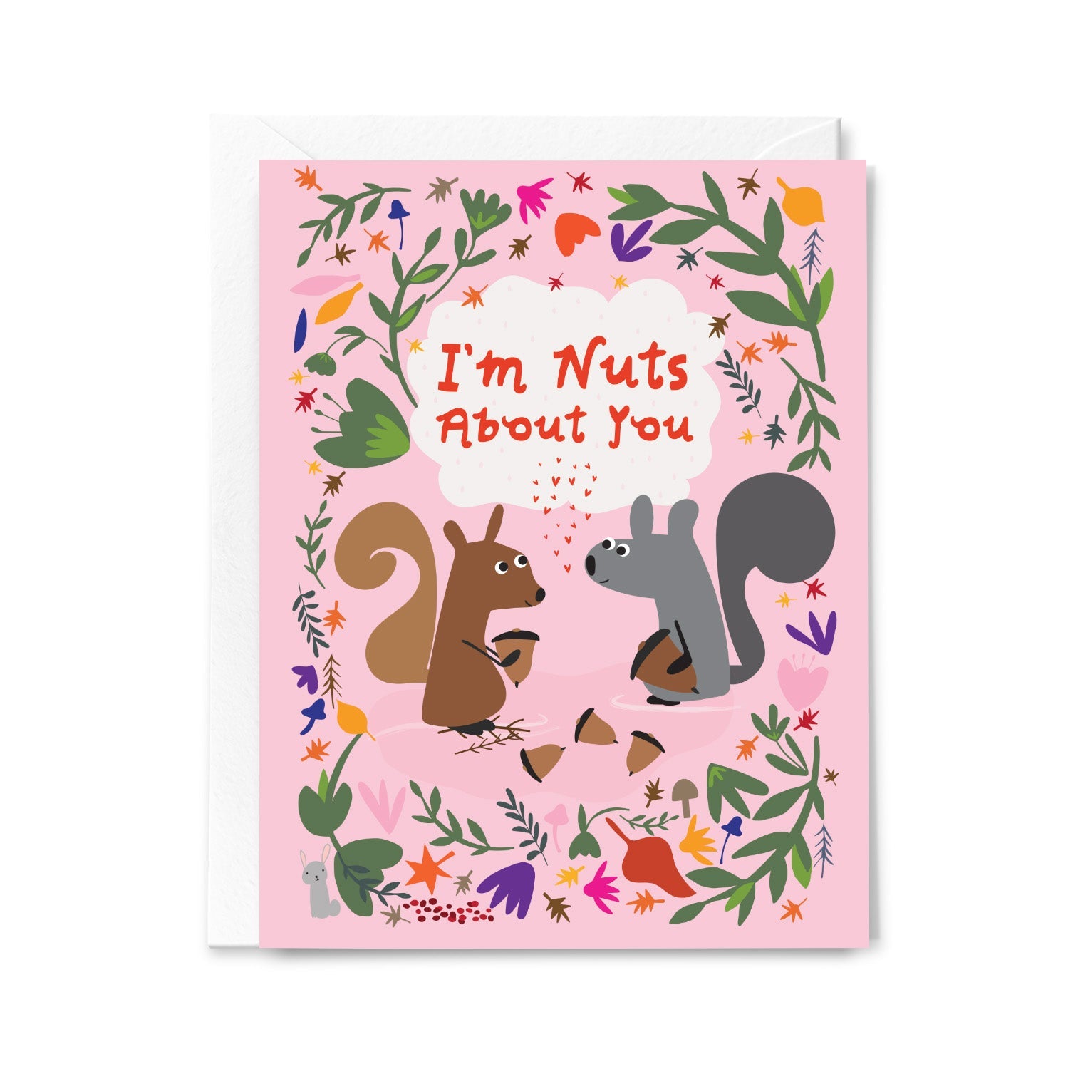 Greeting card with two squirrels and floral elements on a pink background