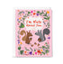 Greeting card with two squirrels and floral elements on a pink background