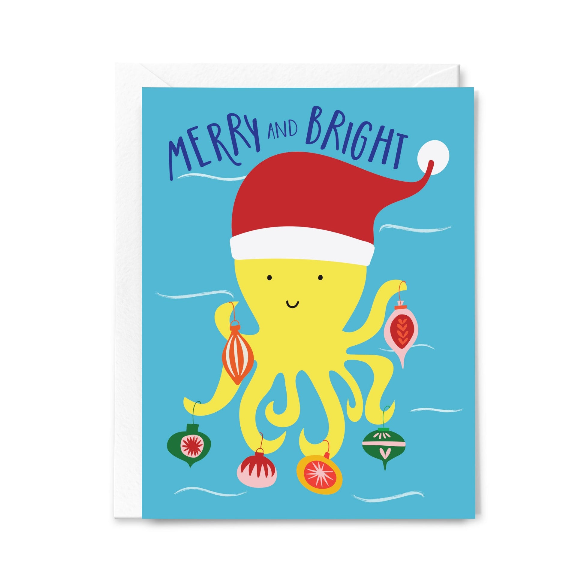 Christmas card with a yellow octopus wearing a Santa hat and holding Christmas ornaments on a blue background.