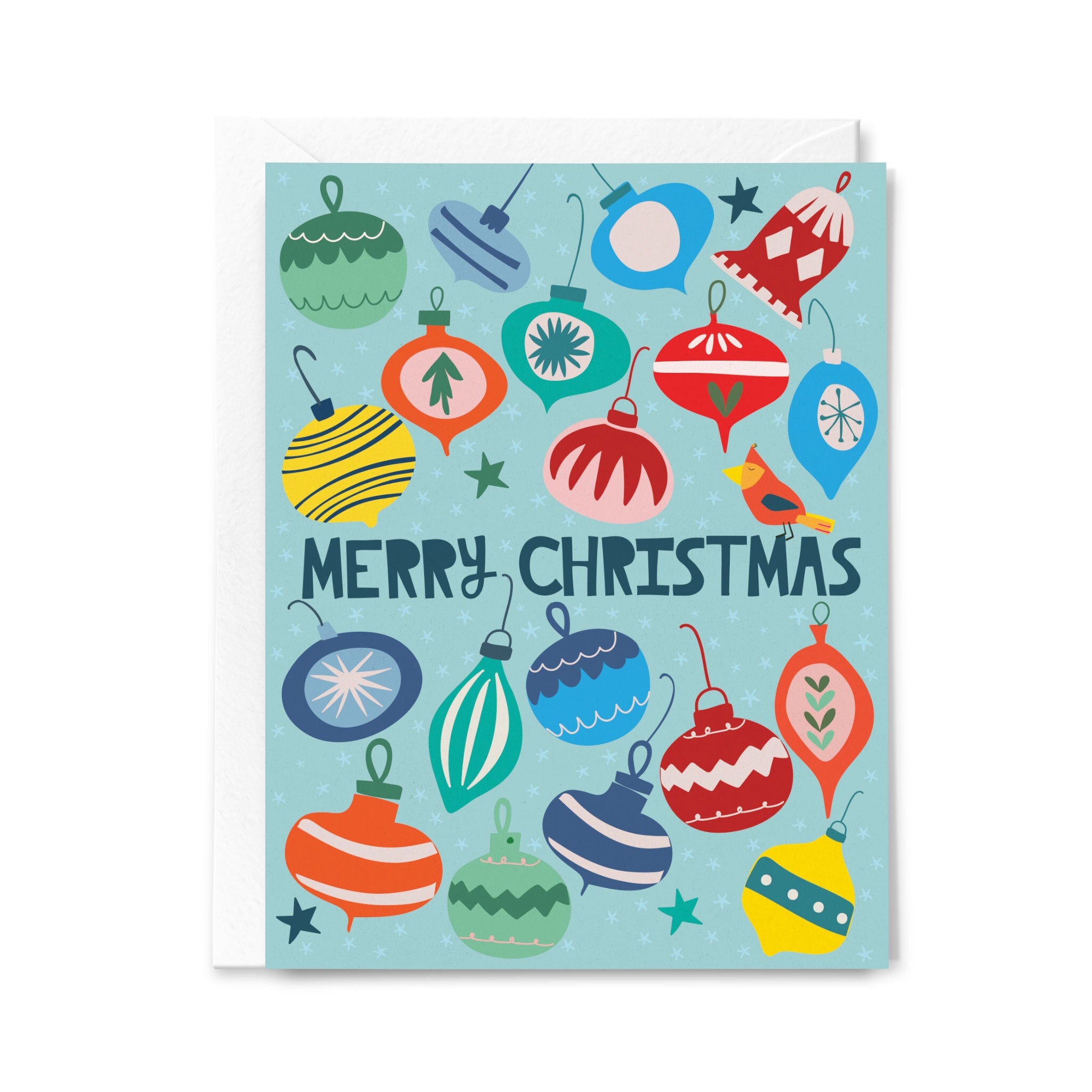 Colorful Christmas ornament card with 'Merry Christmas' text on a light blue background