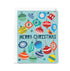 Colorful Christmas ornament card with 'Merry Christmas' text on a light blue background