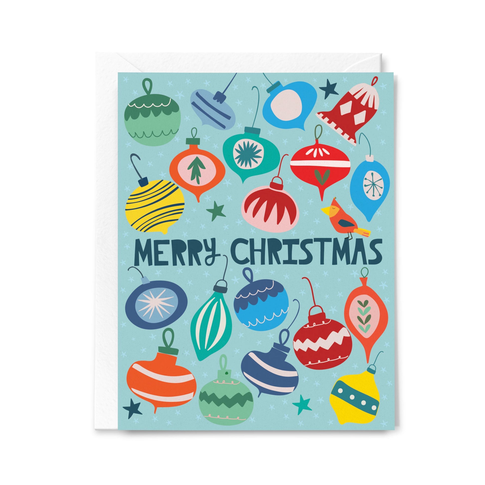 Colorful Christmas ornament card with 'Merry Christmas' text on a light blue background