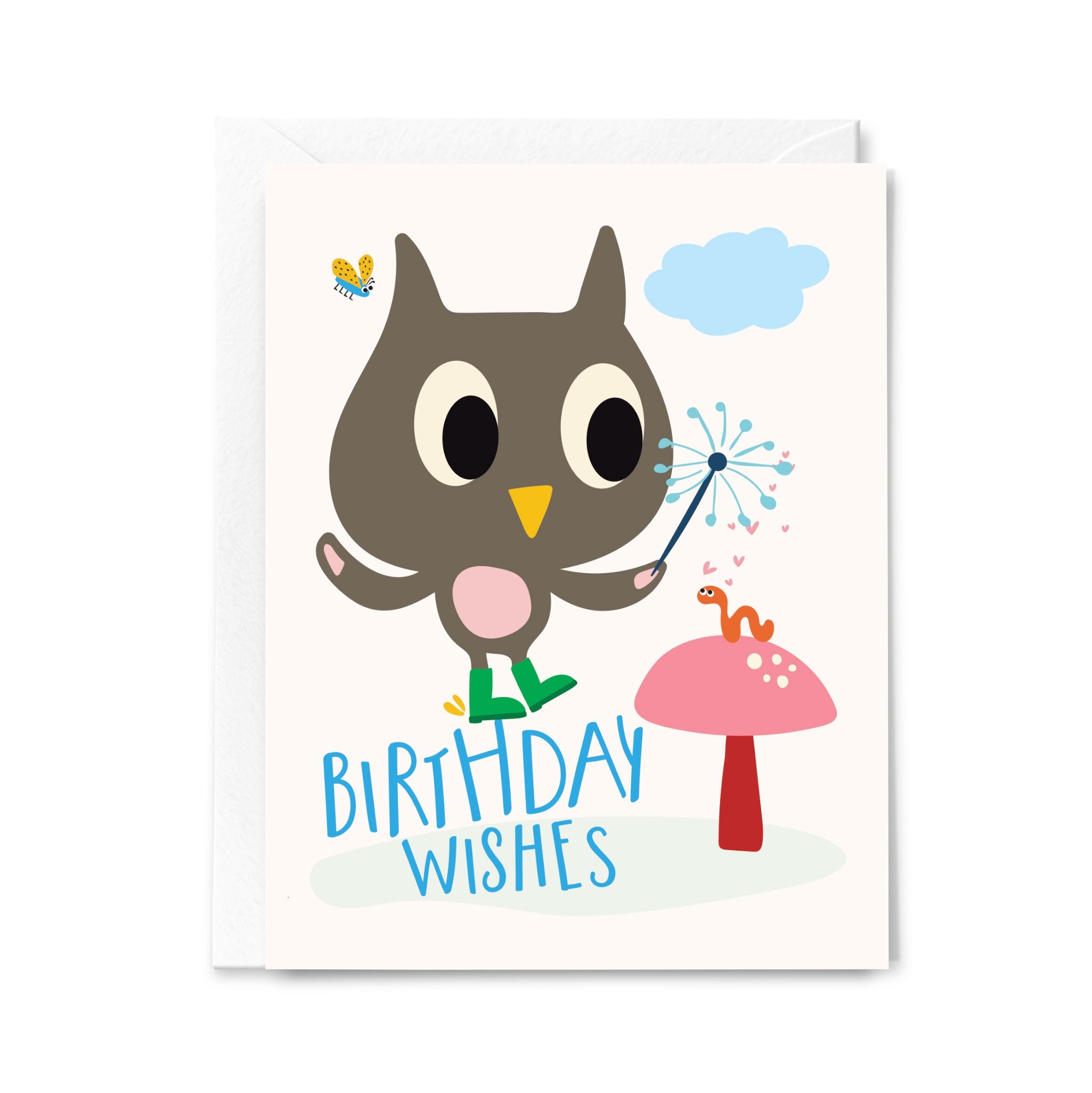 Birthday card with an owl holding a birthday candle and the text 'Birthday Wishes' on a white background.