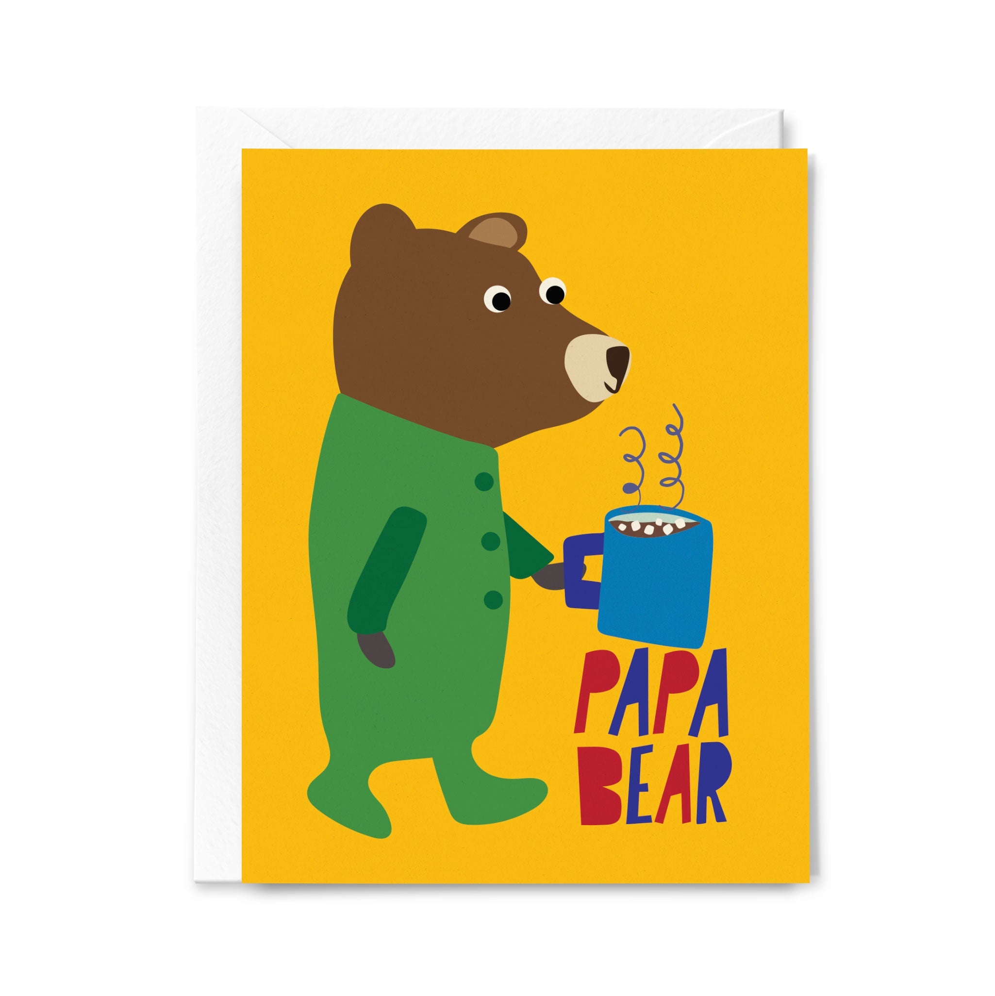 Greeting card with a bear holding a mug labeled 'Papa Bear' on a yellow background