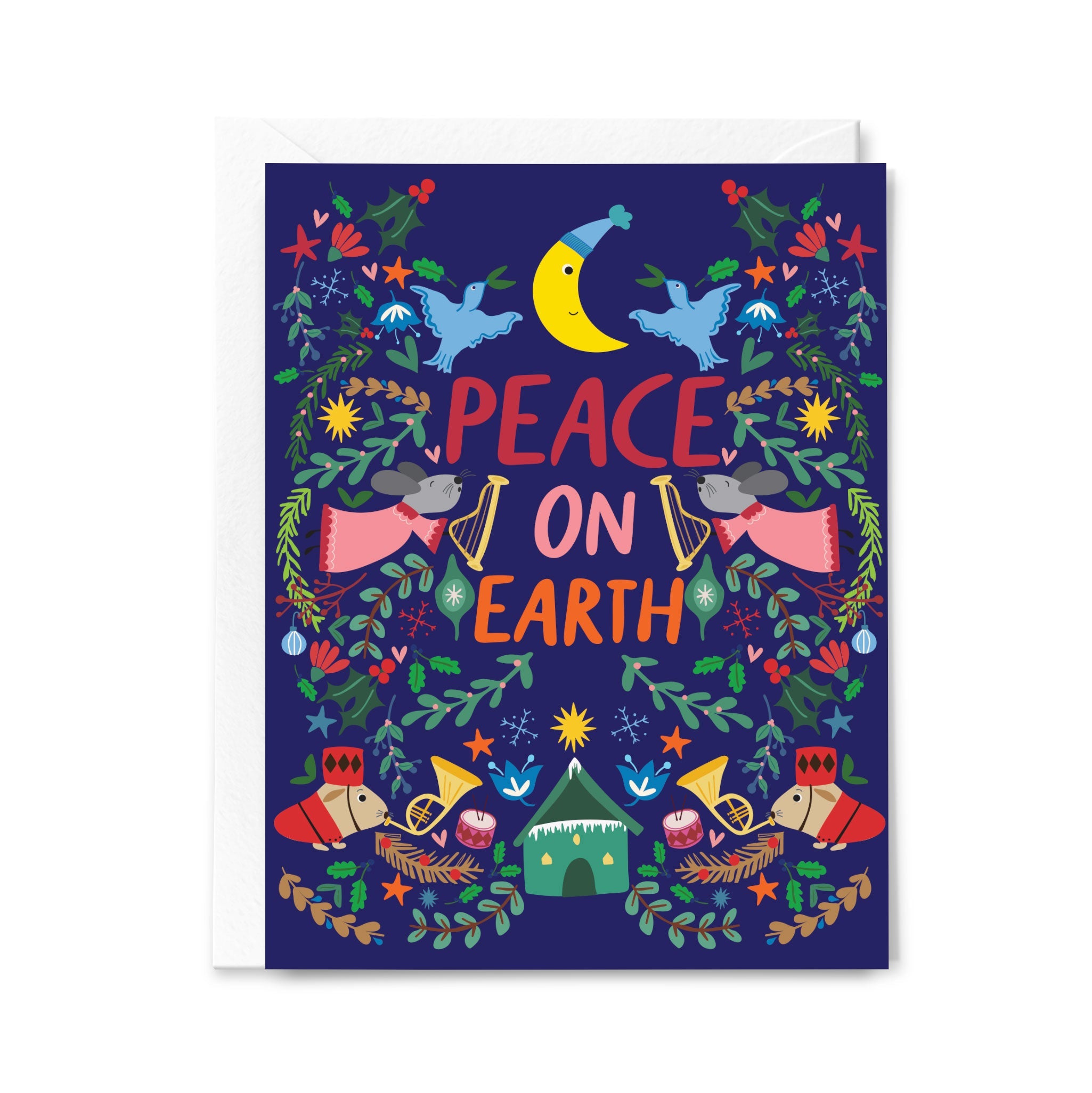 Greeting card with 'Peace on Earth' text and festive illustrations on a dark blue background