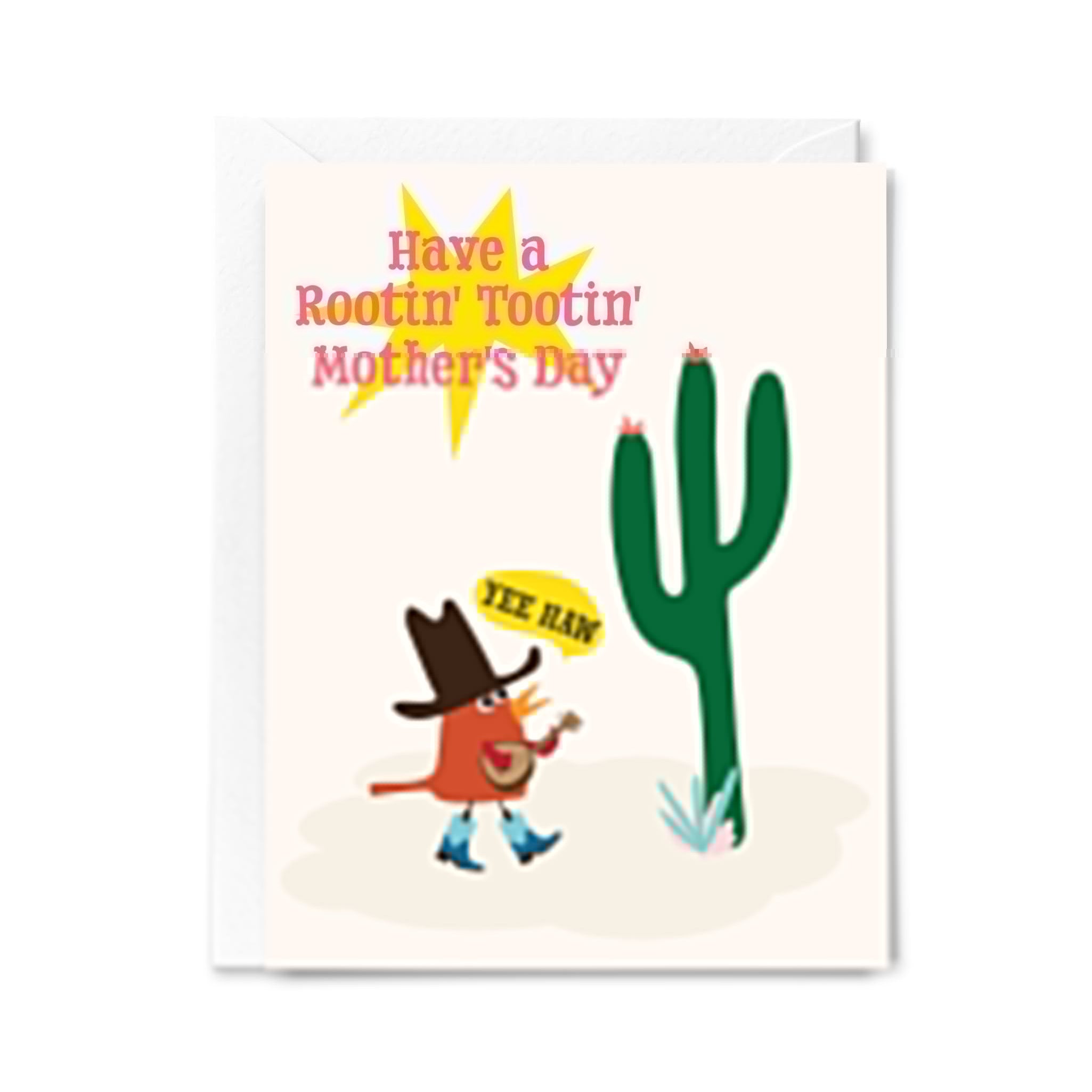 Greeting card with cowboy and cactus illustration and Mother's Day text.