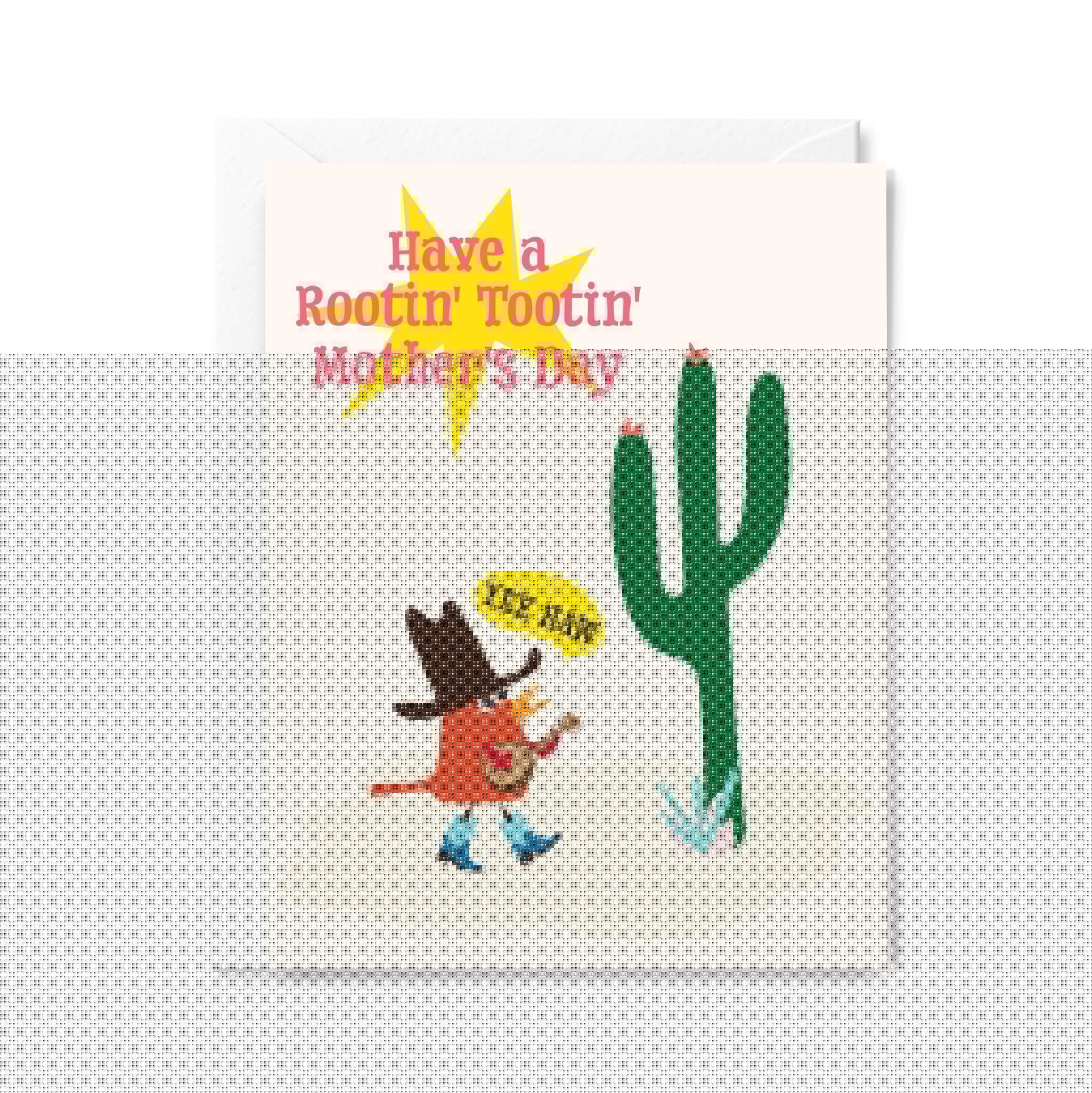 Greeting card with cowboy and cactus illustration and Mother's Day text.