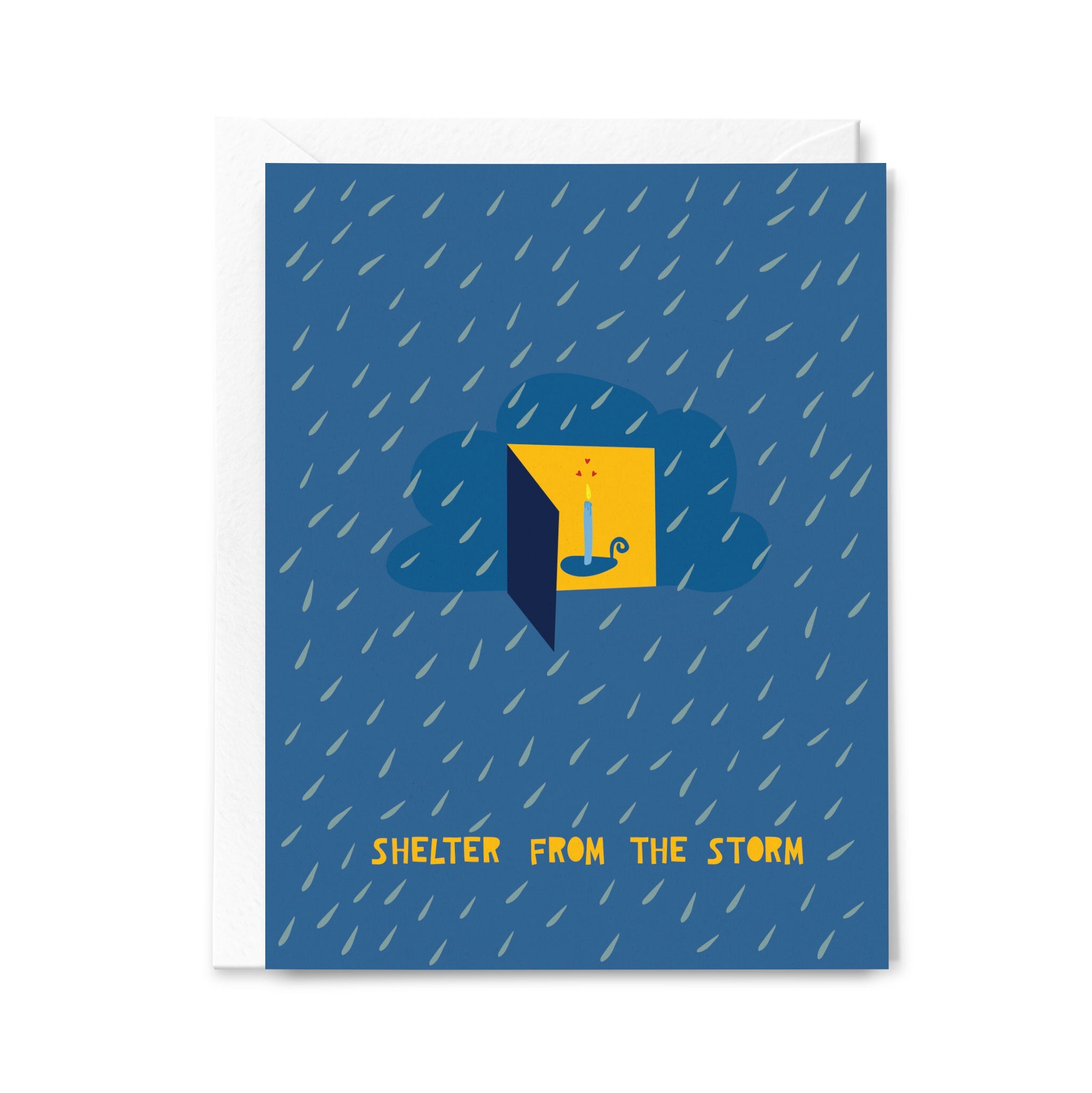 Greeting card with blue rain pattern and yellow door illustration on a white background