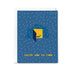 Greeting card with blue rain pattern and yellow door illustration on a white background