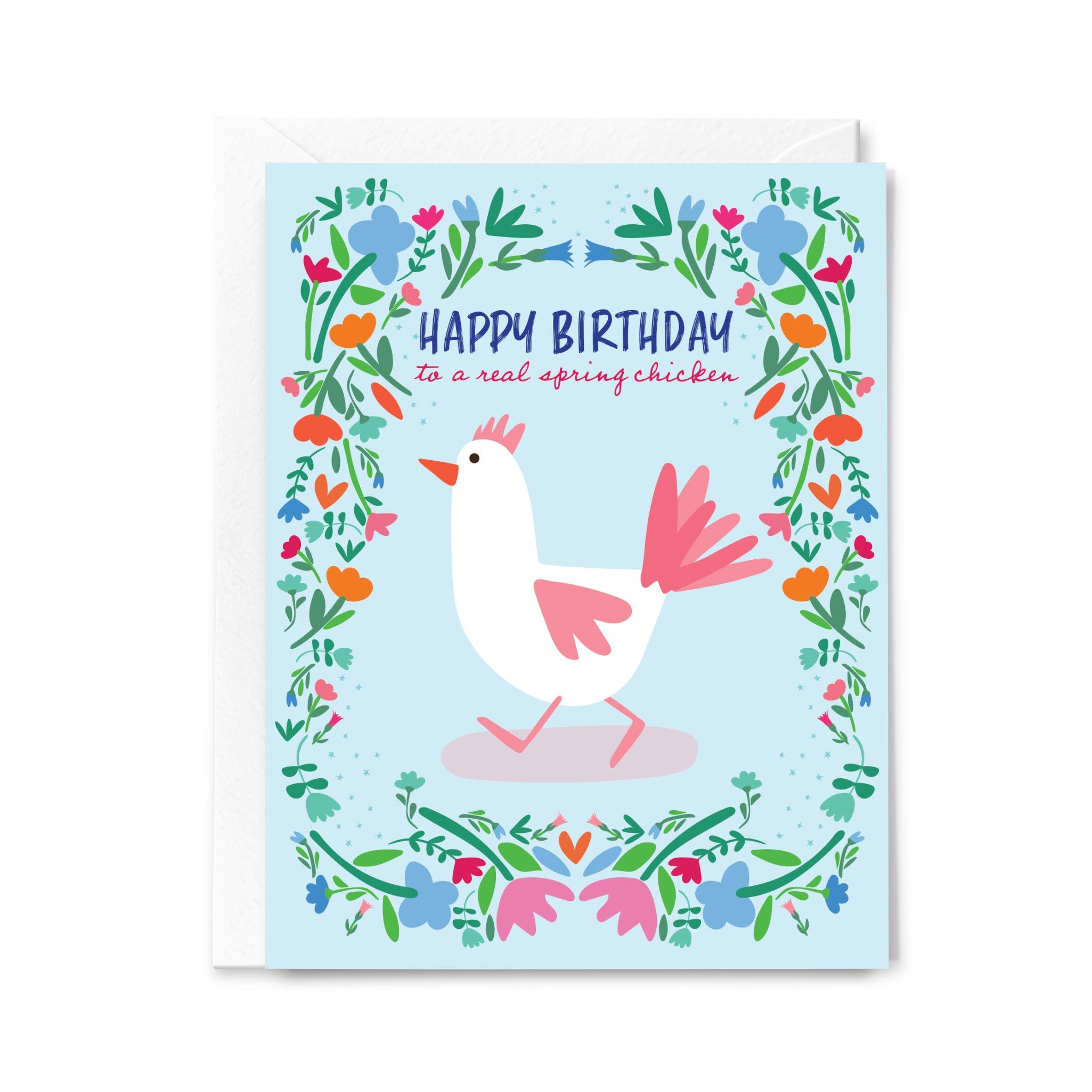 Birthday card with a chicken illustration and floral wreath on a light blue background