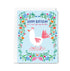 Birthday card with a chicken illustration and floral wreath on a light blue background