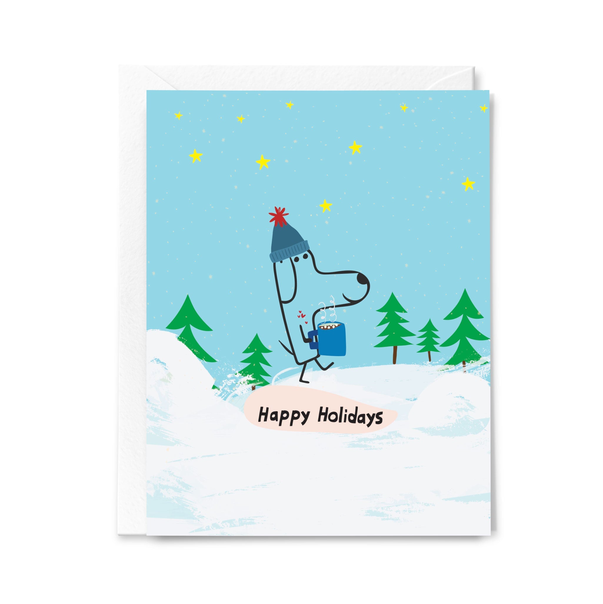 Holiday card with a dog in a winter scene and 'Happy Holidays' text.