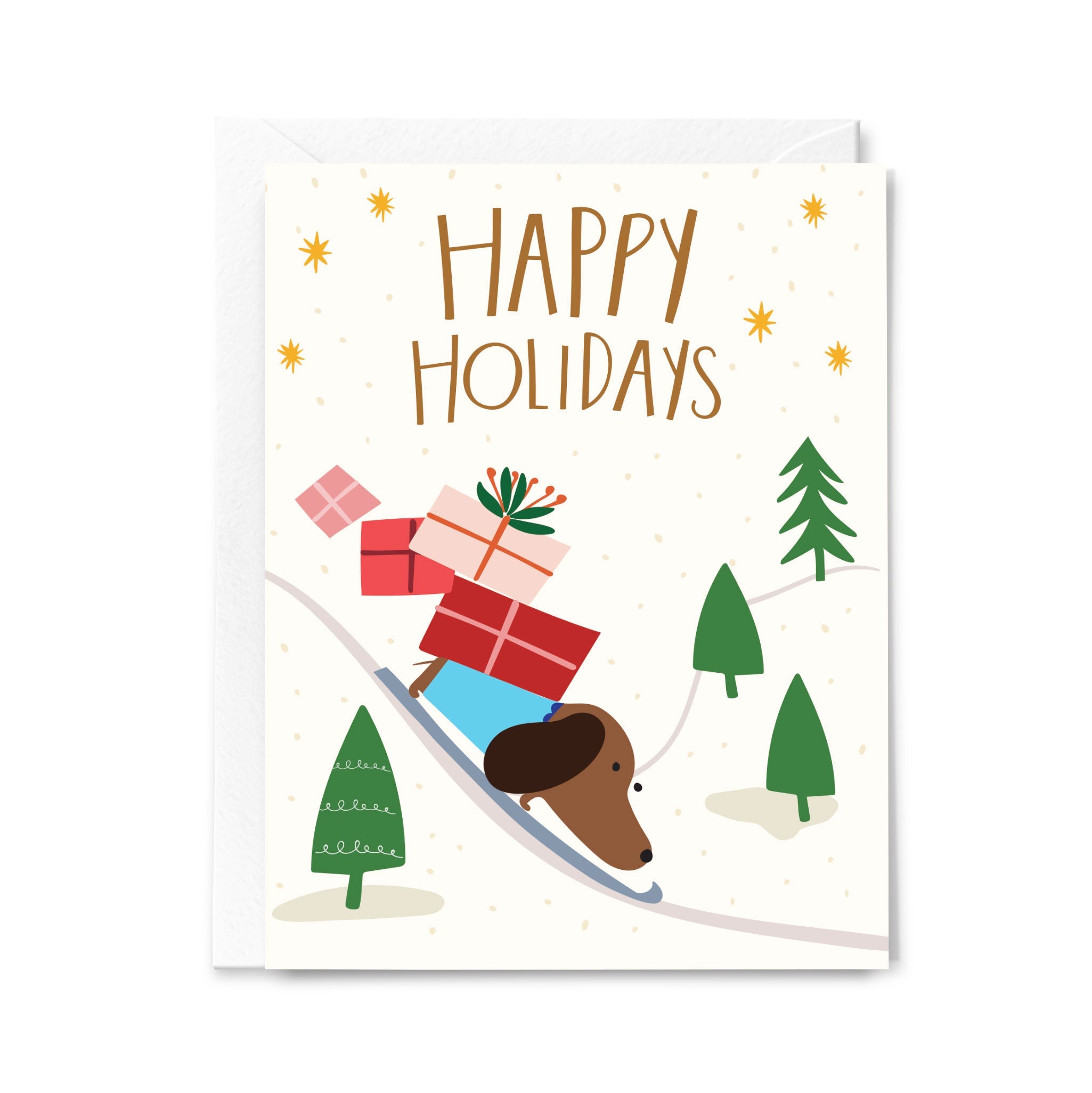 Greeting card with a dog carrying presents and 'Happy Holidays' text on a white background