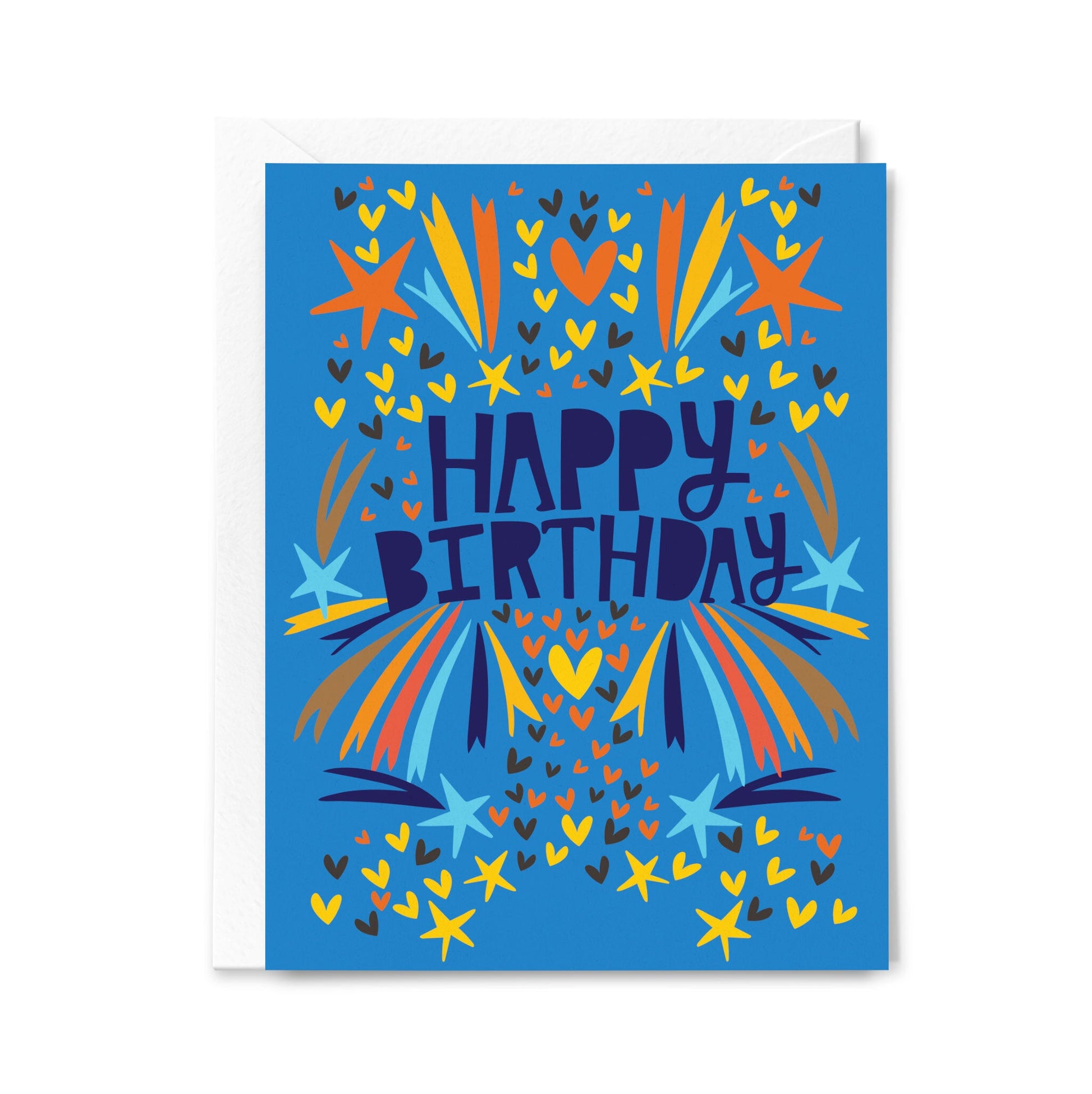 Colorful 'Happy Birthday' card with star and heart designs on a blue background