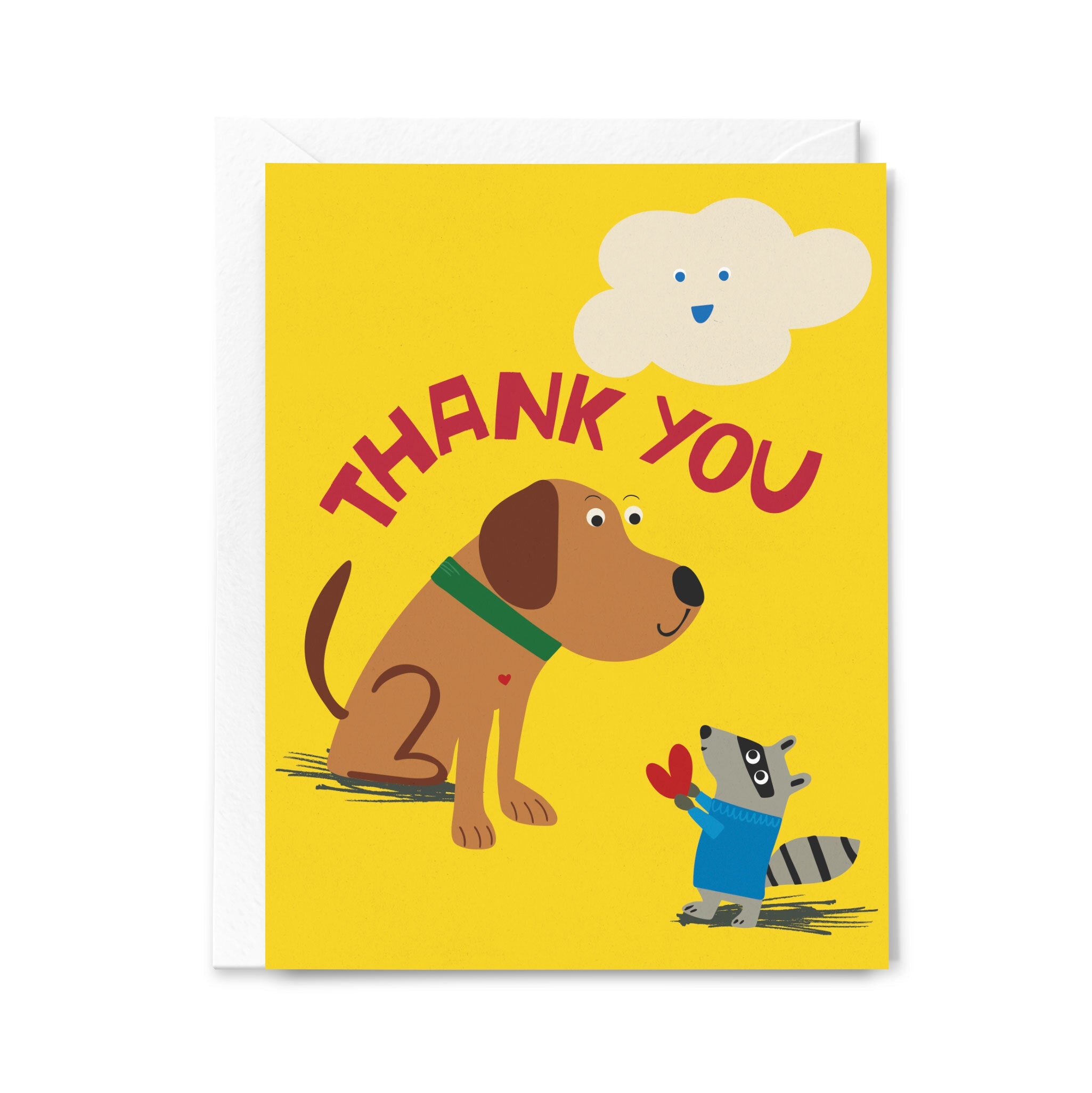 Greeting card with a dog and raccoon illustration and 'Thank You' text on a yellow background