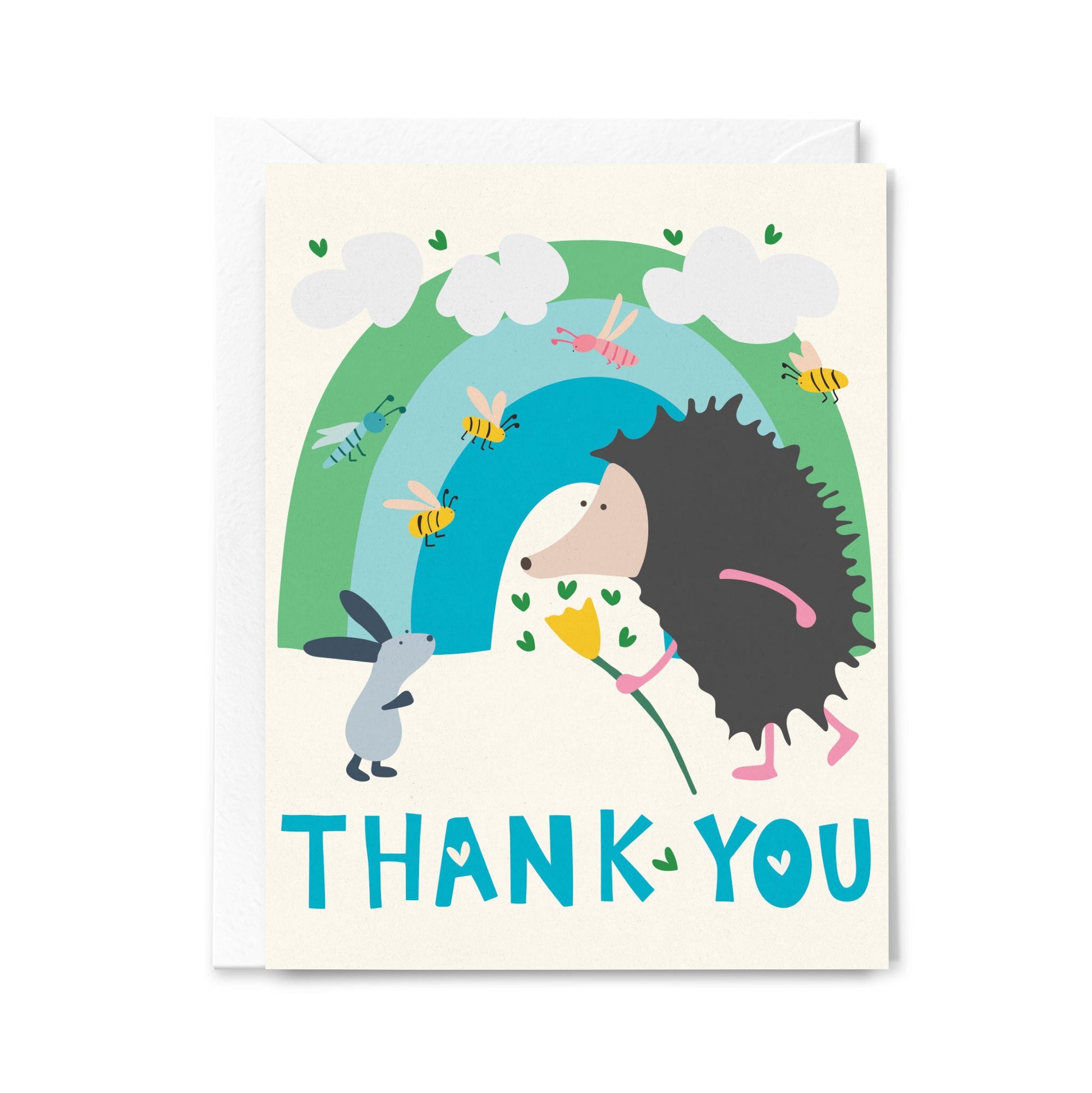 Children's greeting card with a hedgehog, rabbit, and rainbow design on a white background