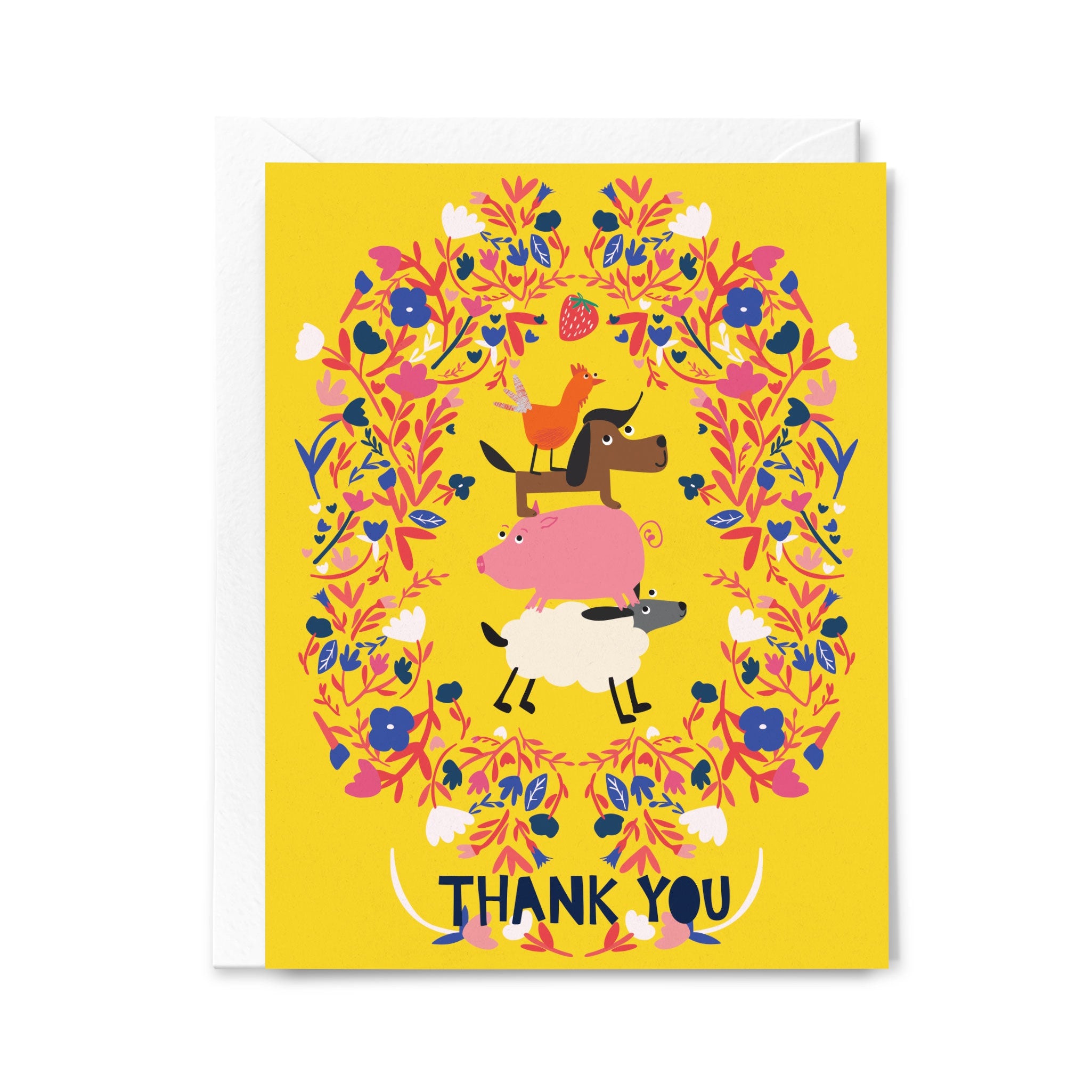 Thank you card with animals and flowers on a yellow background