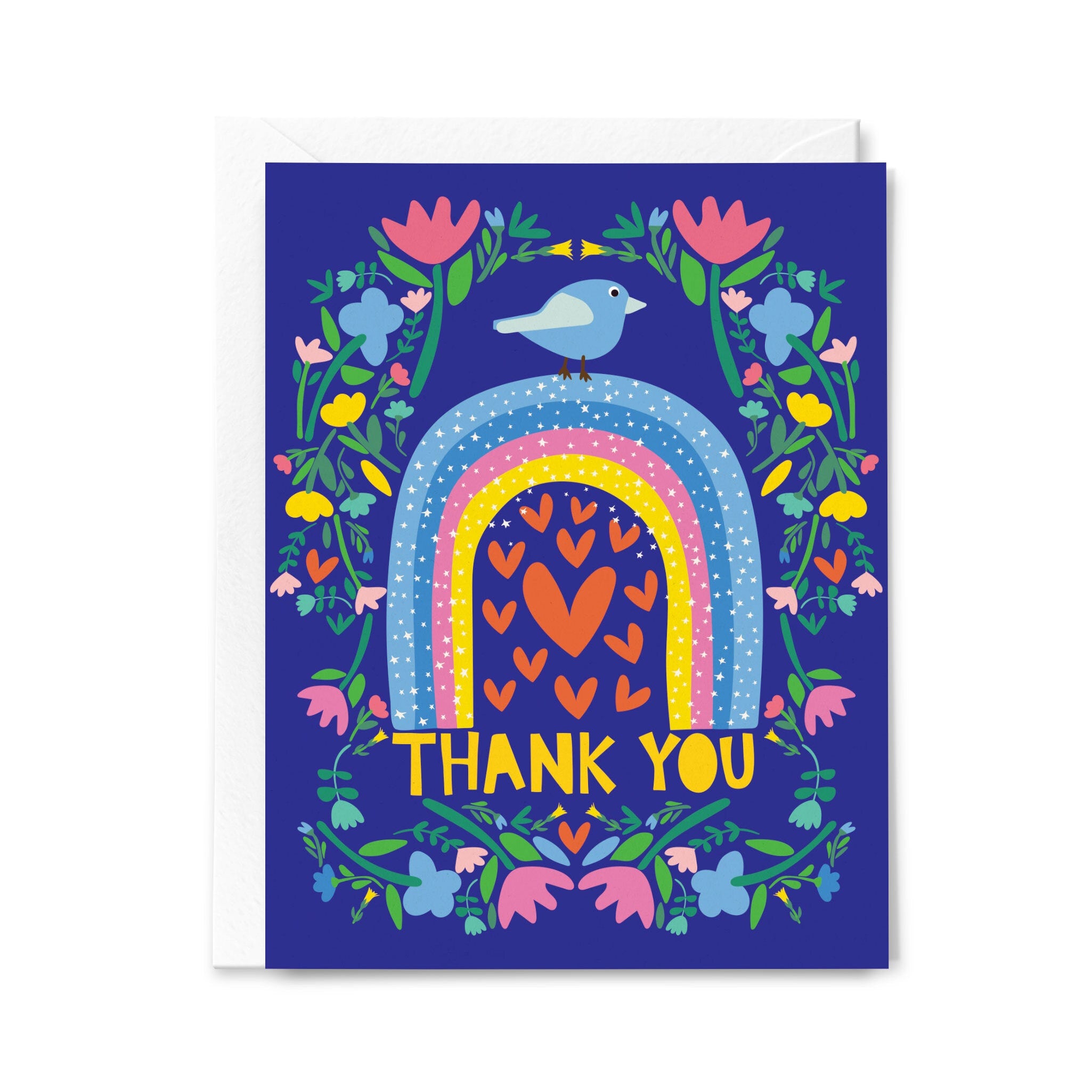 Greeting card with a colorful design of a rainbow, hearts, and flowers on a blue background.