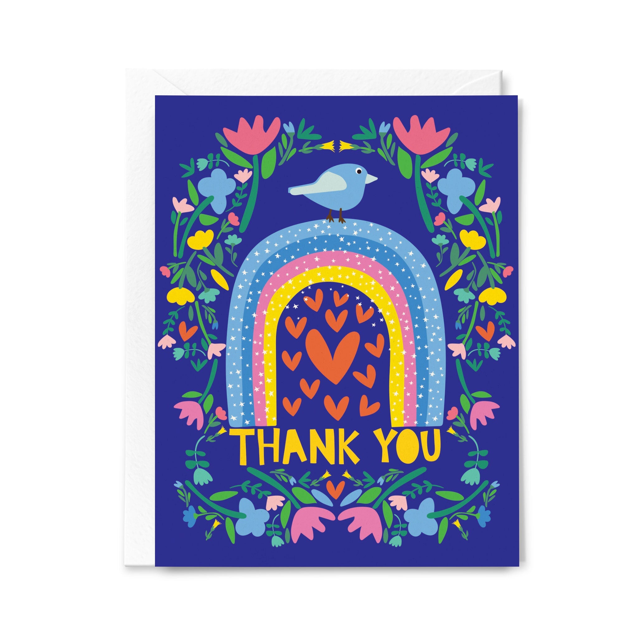 Greeting card with a colorful design of a rainbow, hearts, and flowers on a blue background.