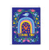 Greeting card with a colorful design of a rainbow, hearts, and flowers on a blue background.
