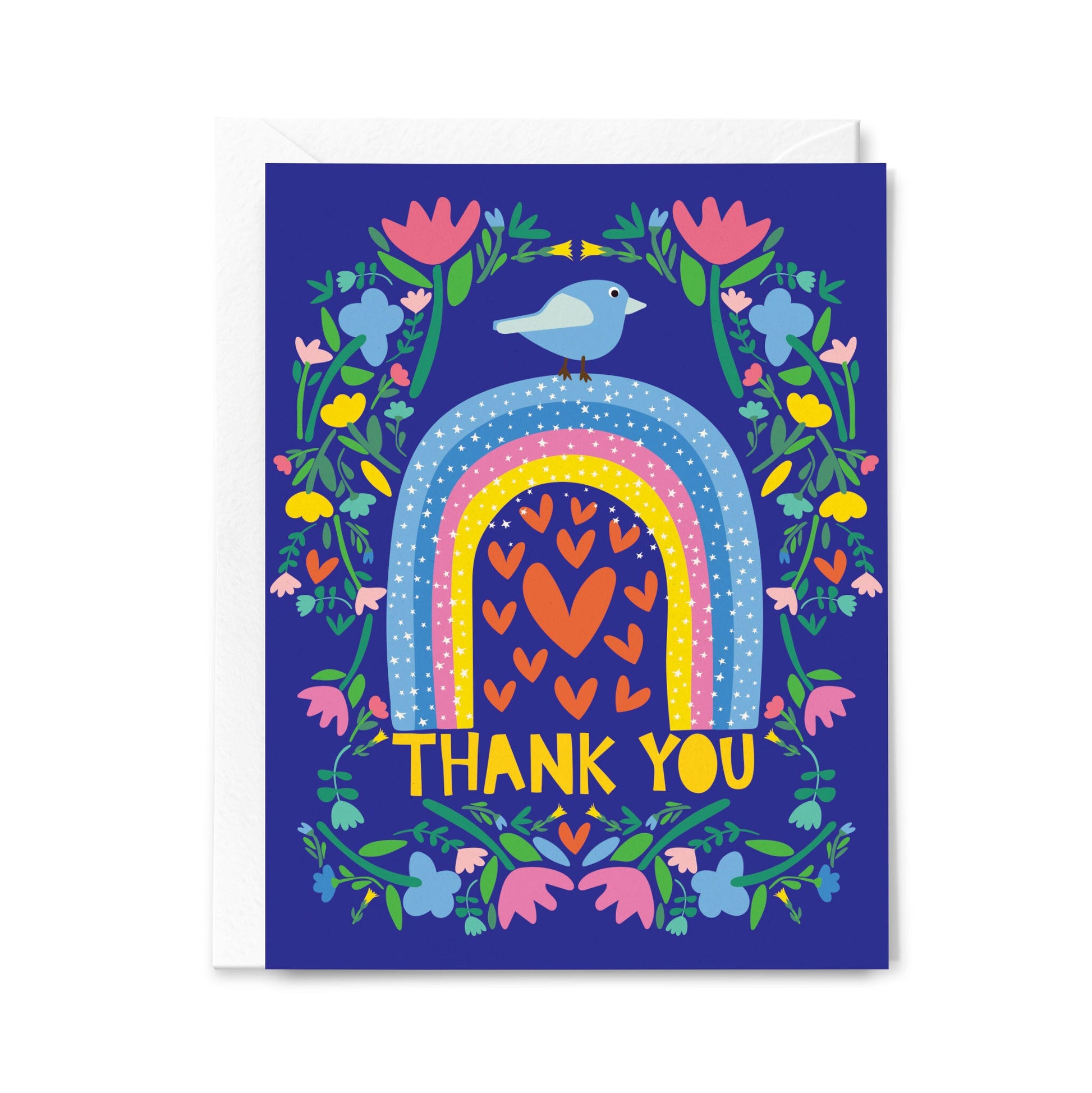 Greeting card with a colorful design of a rainbow, hearts, and flowers on a blue background.