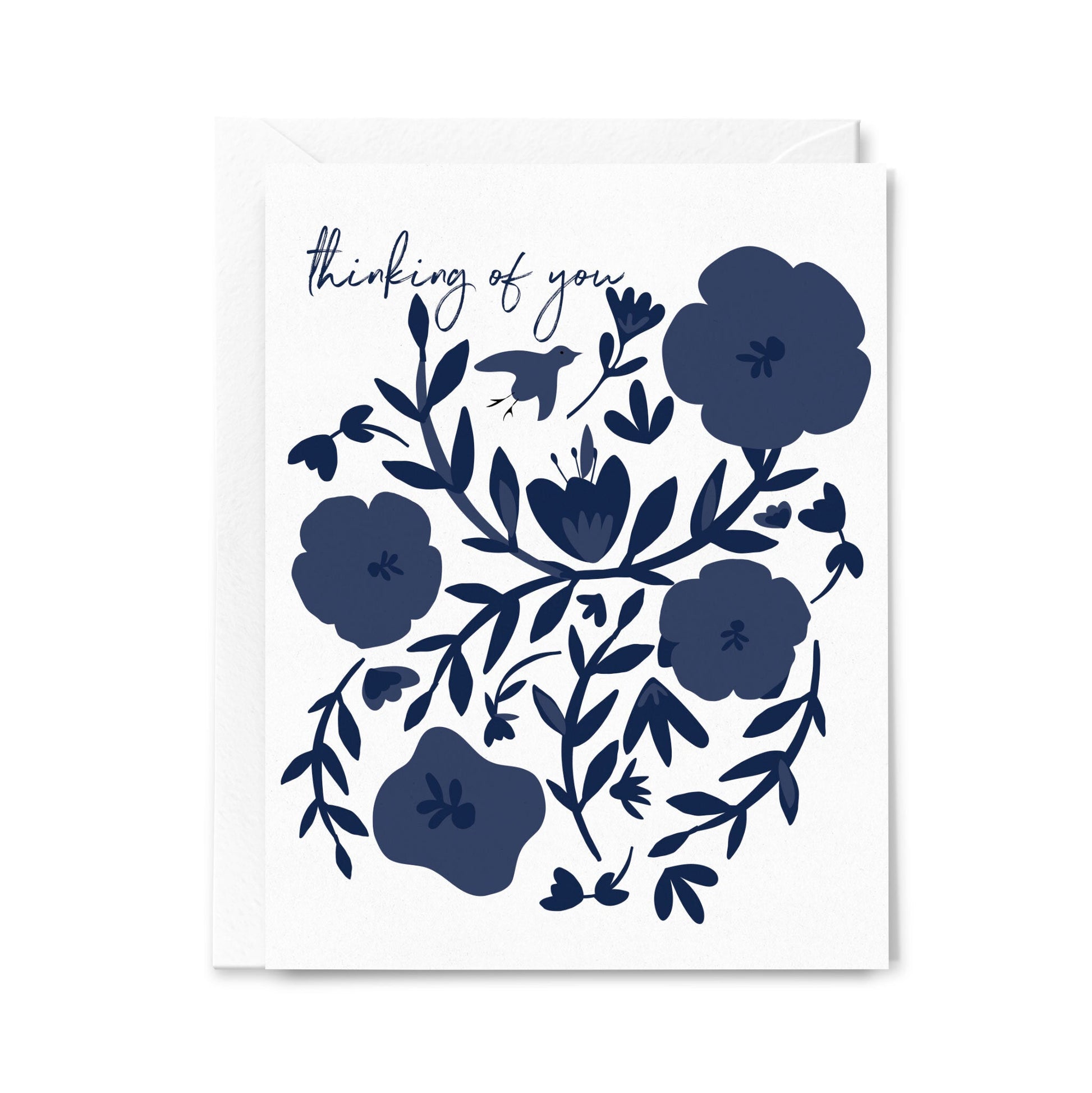 Greeting card with blue floral design and 'thinking of you' text on a white background