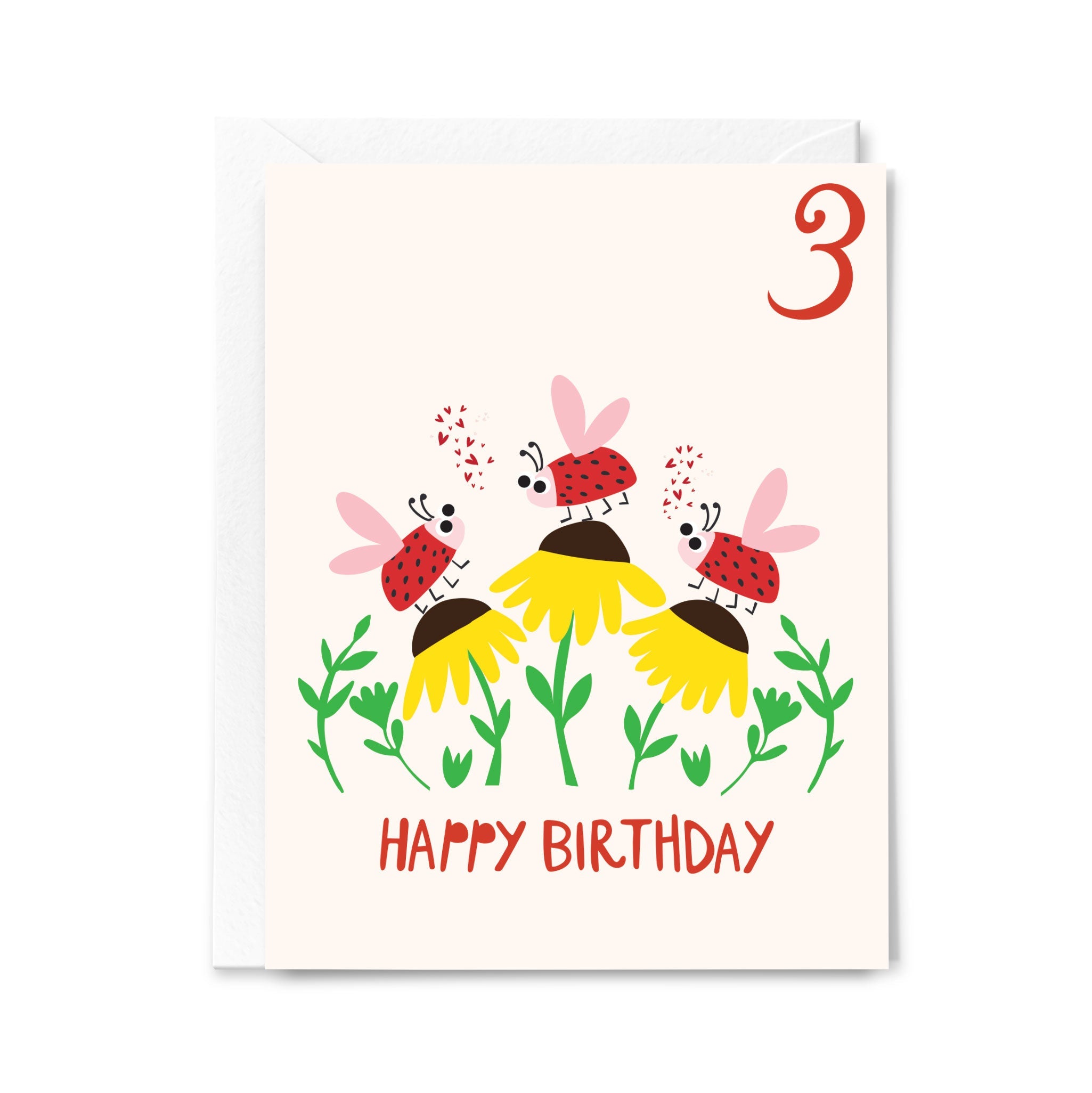 Children's birthday card with ladybugs and flowers on a white background
