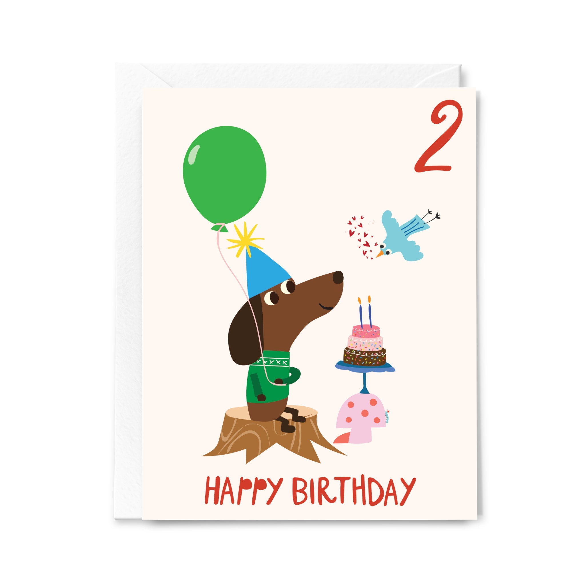 Birthday card with a dachshund, balloon, cake, and number 2 on a white background