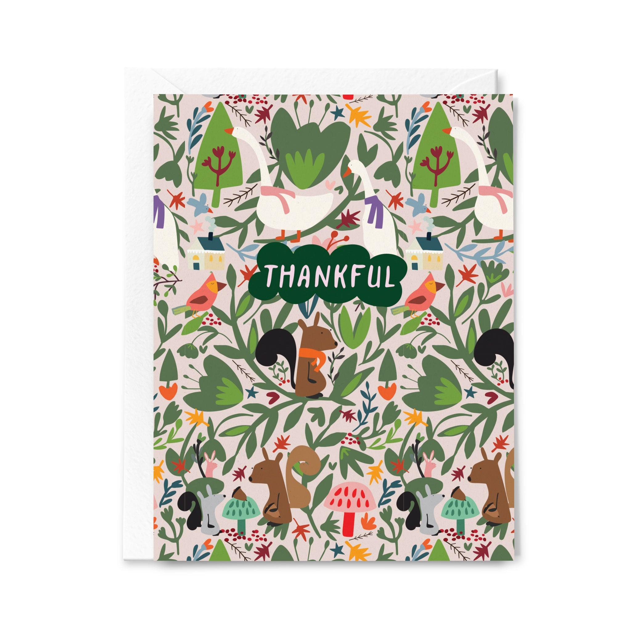 Greeting card with forest-themed design, squirrels, and the word 'Thankful'.