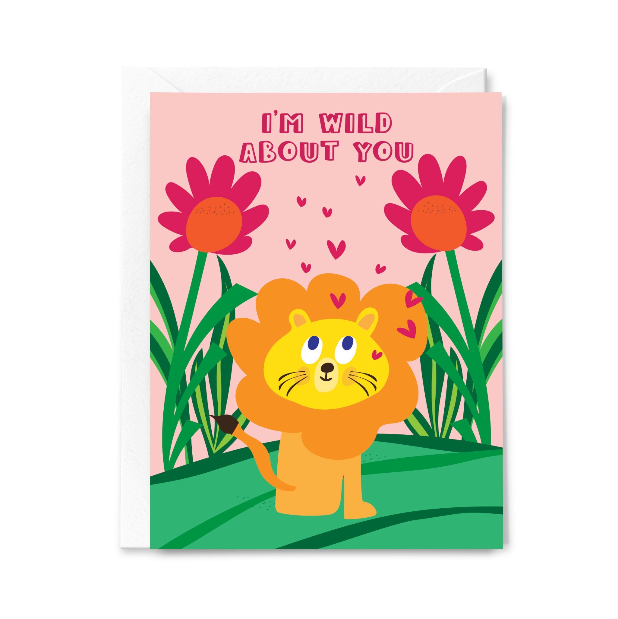 Greeting card with a cartoon lion and flowers on a pink background