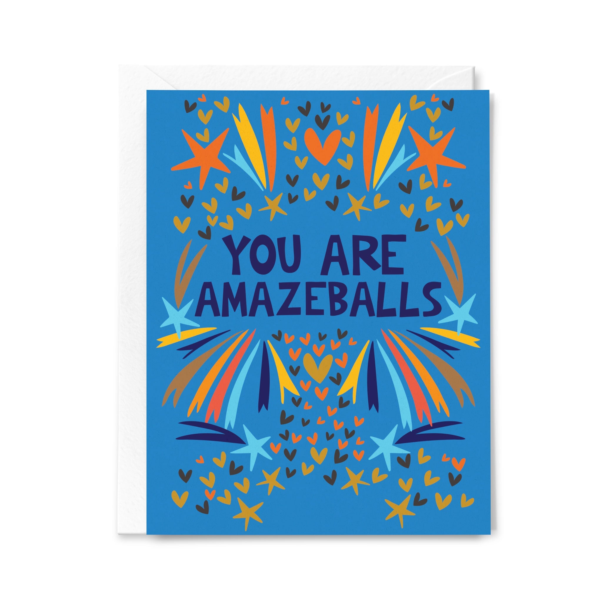 Greeting card with colorful design and 'YOU ARE AMAZEBALLS' text on a blue background