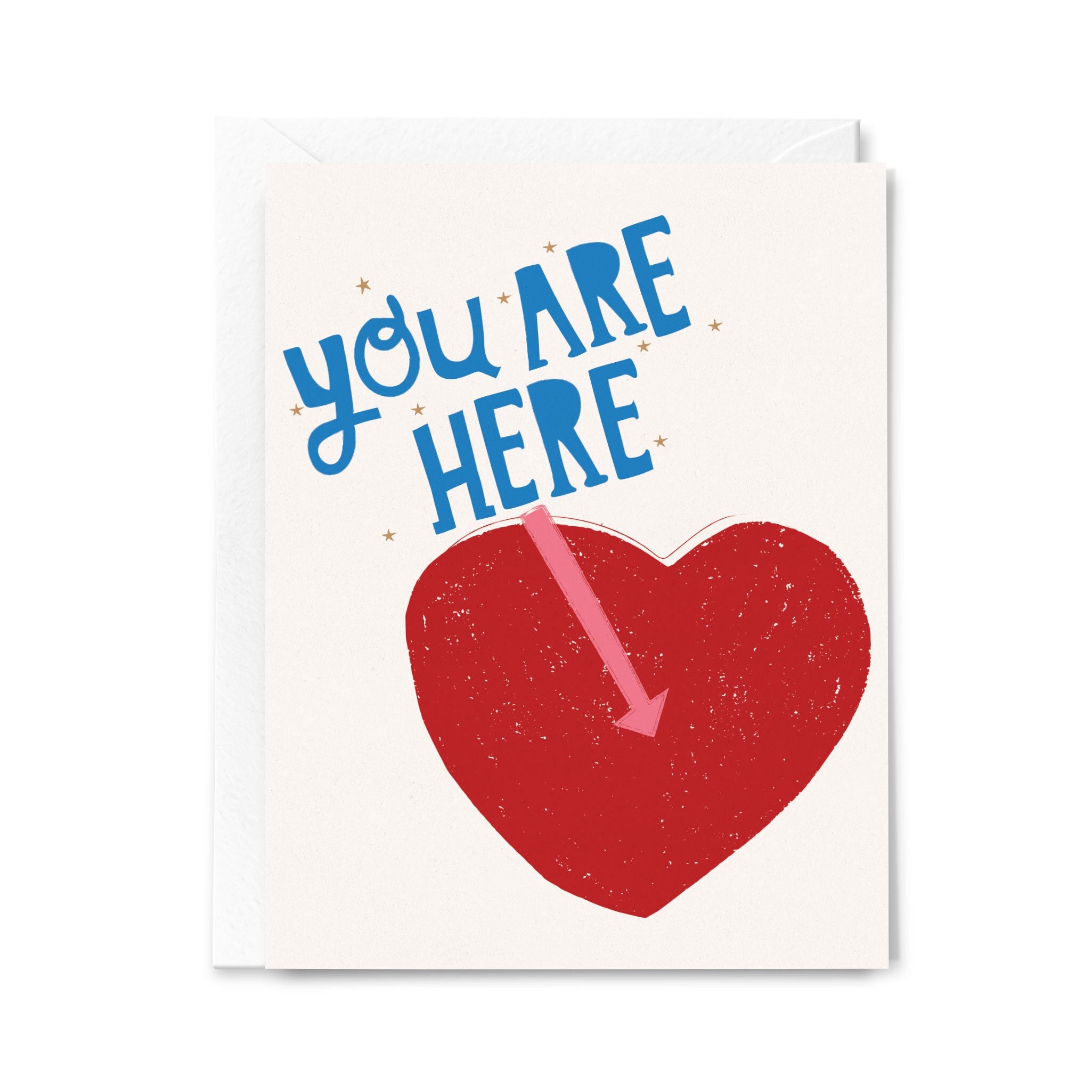 Card with 'YOU ARE HERE' text and a red heart on a white background