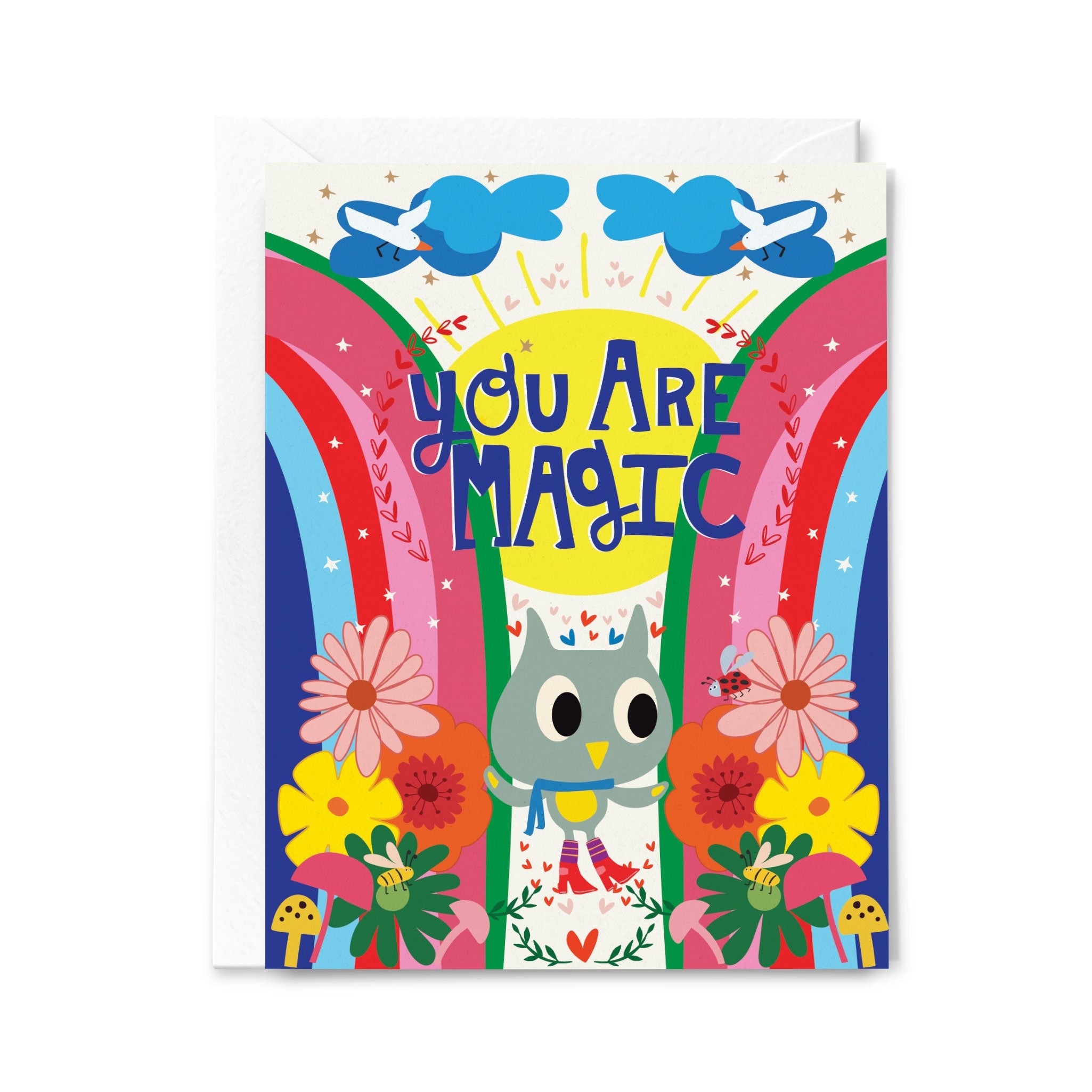 Colorful greeting card with owl illustration and 'You Are Magic' text on a white background