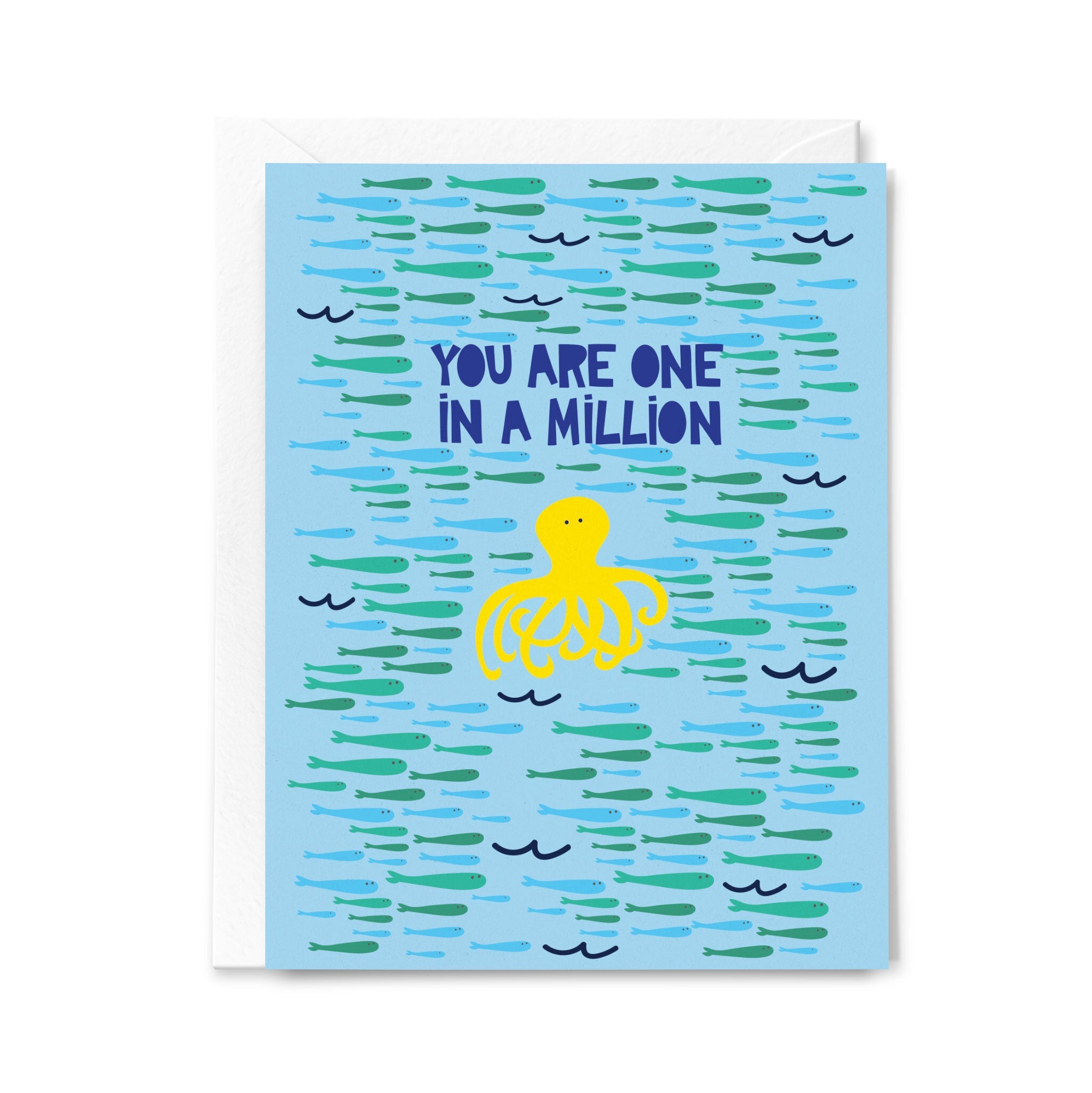 Card with a yellow octopus and text 'You are one in a million' on a blue watercolor background